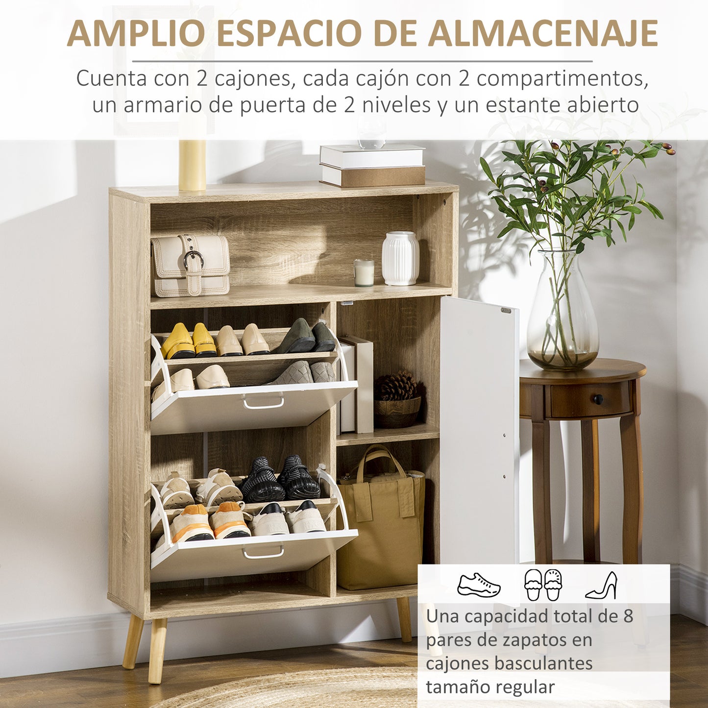 HOMCOM Mueble Zapatero para 8 Pares de Zapatos Armario de Zapatos con 2 Cajones Abatibles Estante Abierto y Puerta para Pasillo Entrada 80x25,5x112,5 cm Natural y Blanco