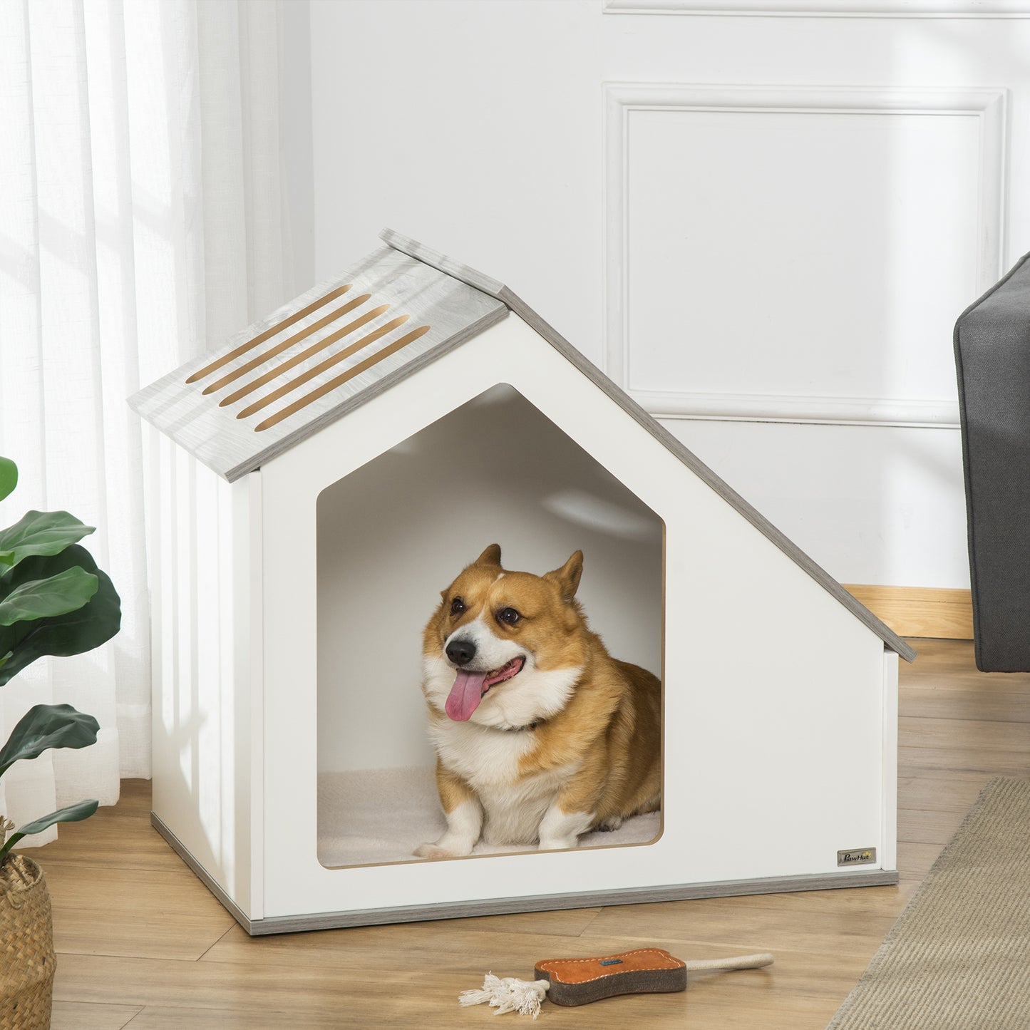 PawHut Caseta de Madera para Perros Interior Casa para Mascotas con Cojín Desenfundable Lavable y 5 Ventilaciones 84,5x54,5x75 cm Blanco