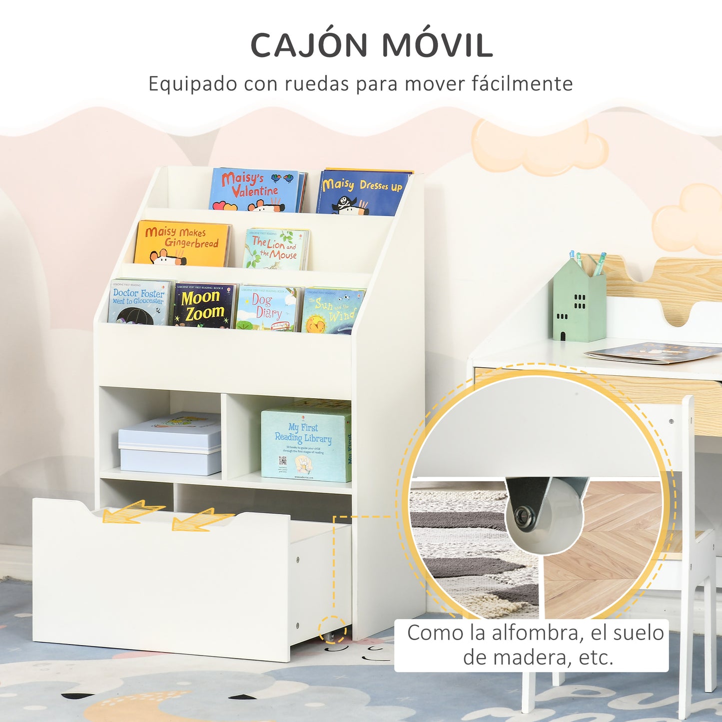 HOMCOM Estantería Infantil de Madera con 3 Compartimentos 2 Cubos y Cajón Móvil con 4 Ruedas Librería Infantil para Habitación de Niños Sala de Juegos 60x29,9x90 cm Blanco