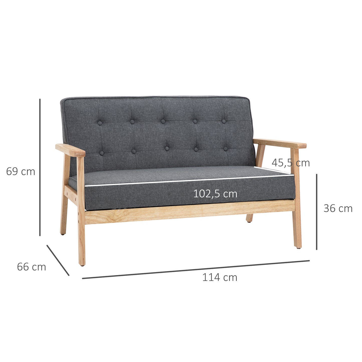 HOMCOM Sofá de 2 Plazas con Respaldo y Cojines Acolchados Patas de Madera Antideslizantes Botones con Mechones Salón Dormitorio Oficina 113x67x78 cm Gris