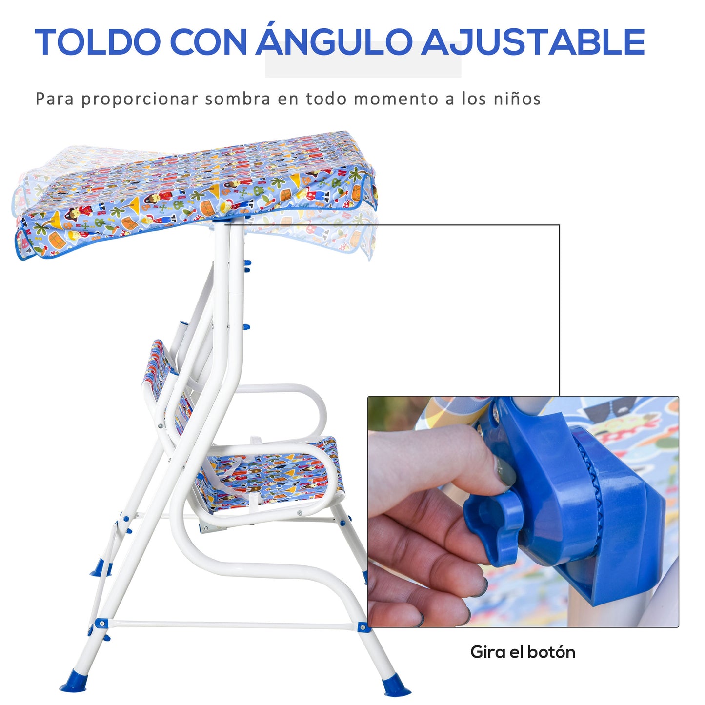 Outsunny Columpio Balancín de Jardín Infantil 2 Plazas para Niños de +3 Años con Toldo Ajustable en Ángulo para Terraza Balcón Carga Máx. 60 kg 110x70x110 cm Azul