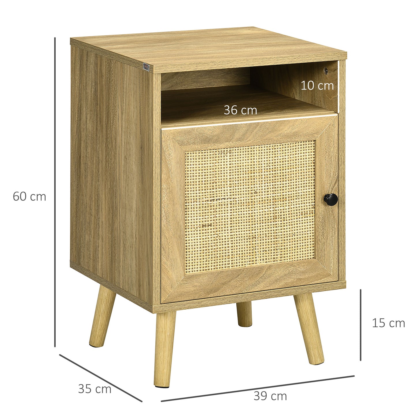 HOMCOM Mesita de Noche Mesilla de Noche con Puerta de Ratán y Compartimiento Abierto Mesa Auxiliar para Dormitorio Salón Cama 39x35x60 cm Natural