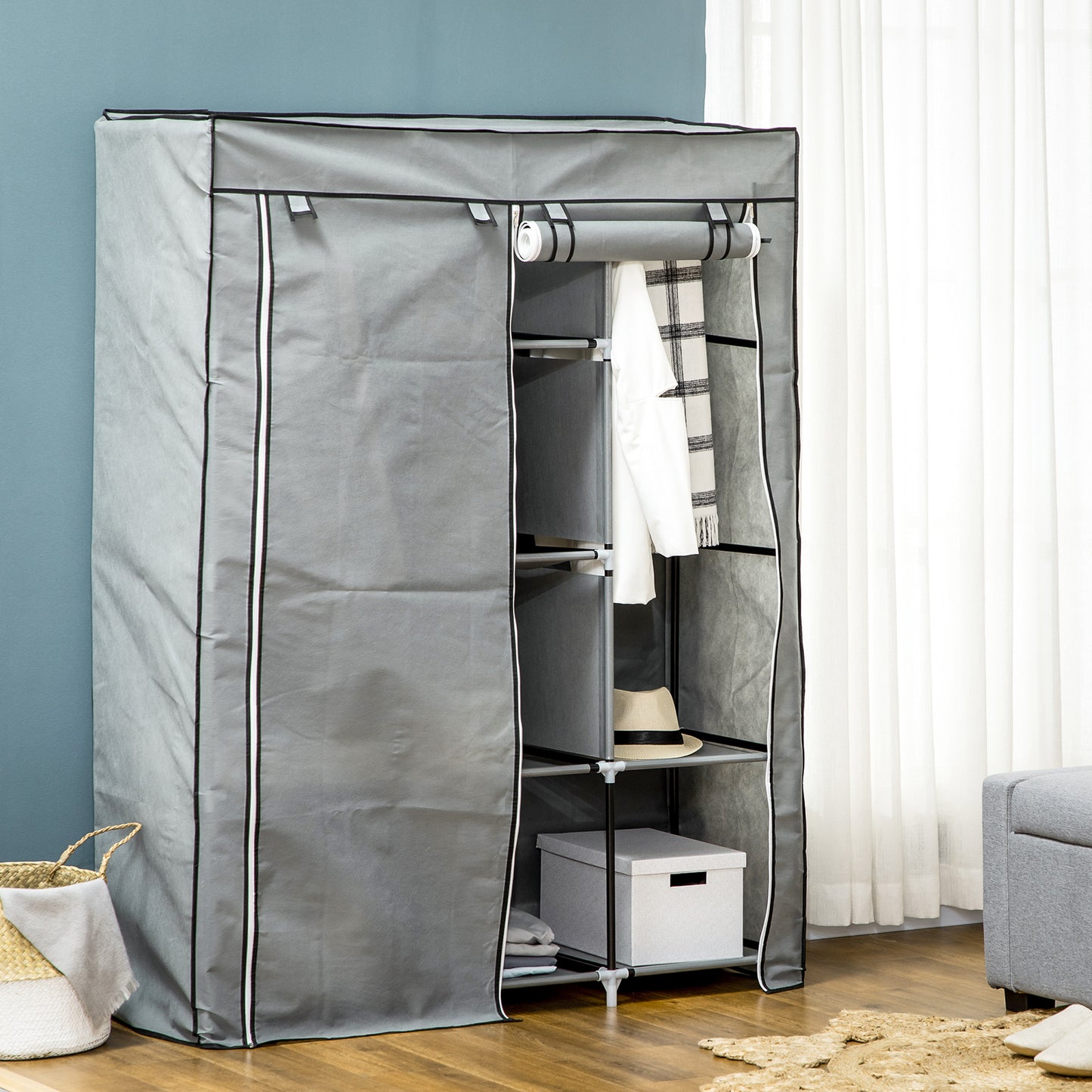 HOMCOM Armario de Tela Plegable Armario de Ropa Organizador Ropero Portátil con Estantes y Barra para Colgar para Dormitorio Vestidor 125x43x162,5 cm Gris Claro