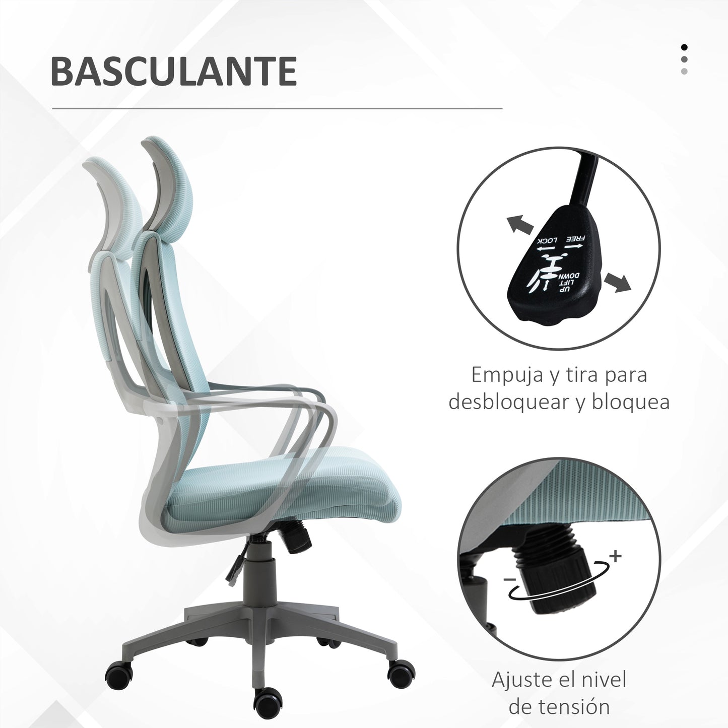 Vinsetto Silla de Oficina Silla de Escritorio Ajustable con Respaldo Reposabrazos Reposacabezas Ruedas y Función Basculante Carga 120 kg 64x55x116-126 cm Azul