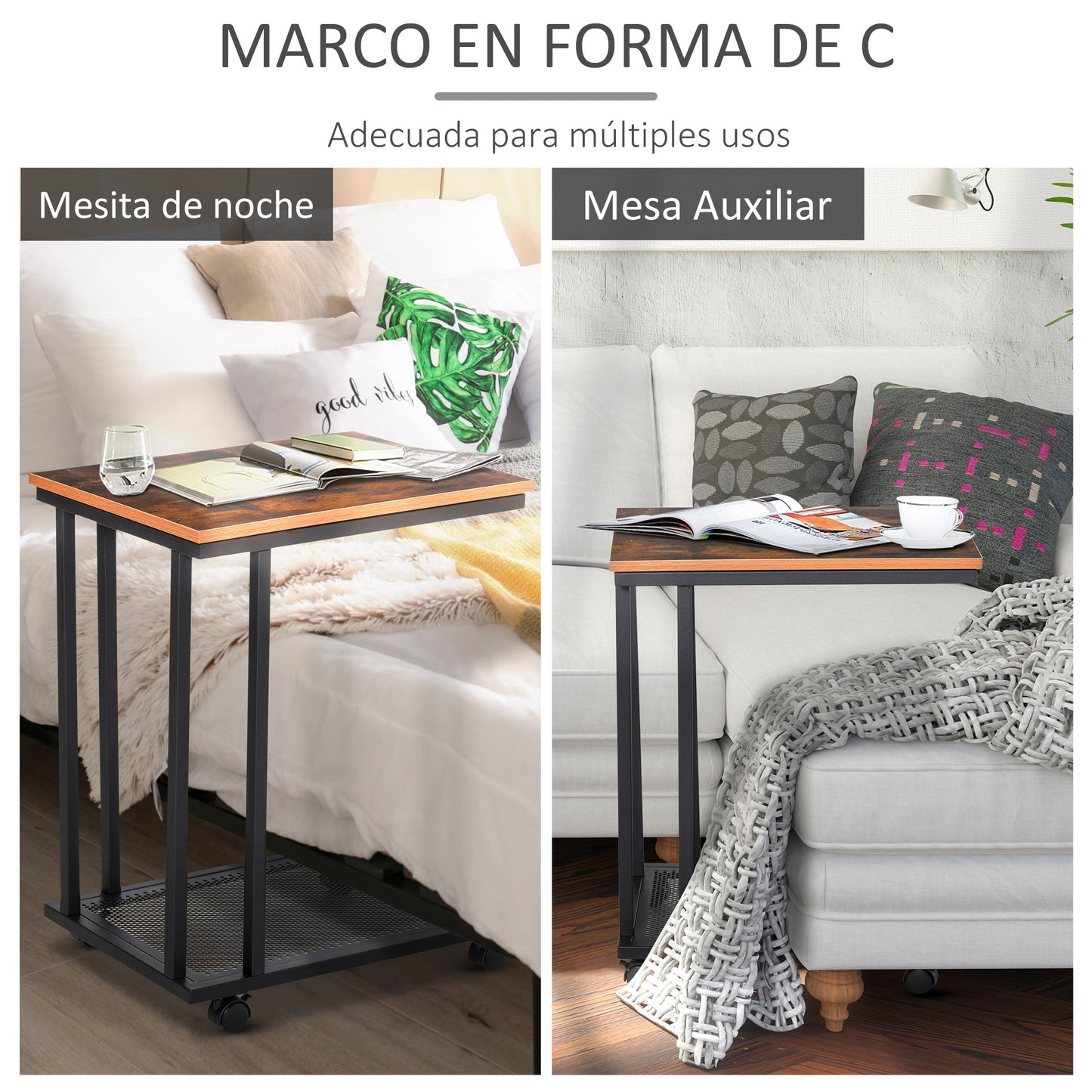 HOMCOM Mesa Lateral Mesa Auxiliar con Ruedas para Sofá Salón Dormitorio Estilo Industrial Retro Mesa Café Ordenador Metal y Madera 51x36x65 cm