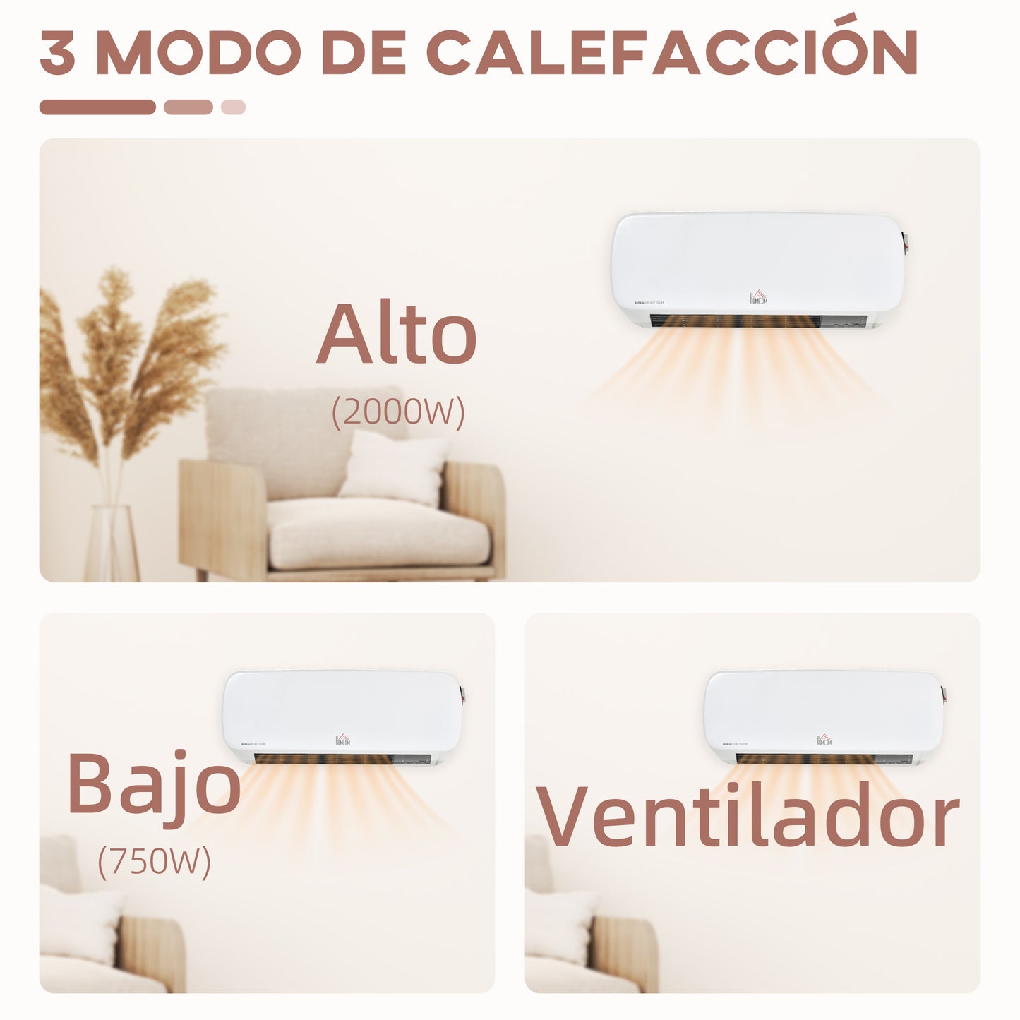 HOMCOM Calefactor Baño de Pared 1000W/2000W con Mando a Distancia 3 Modos de Viento Temporizador de 12H Termostato y Sistema Antivuelco para 25 m² 45x18,6x11,5 cm Blanco