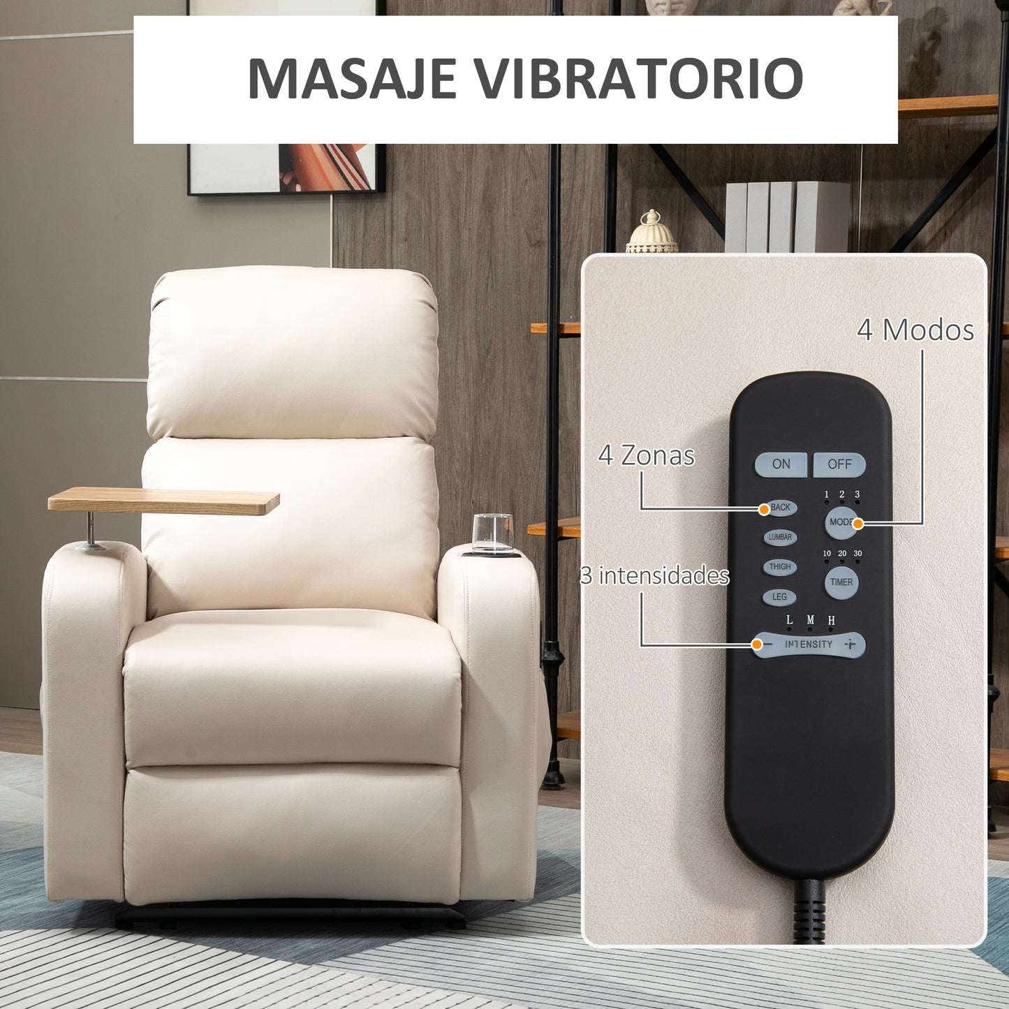 HOMCOM Sillón de Masaje Sillón Relax Eléctrico Sofá Relax con 4 Modos de Vibración Reclinación 145° Mando a Distancia Mesita 2 Bolsillos Laterales y Posavasos 77x93x105 cm Beige