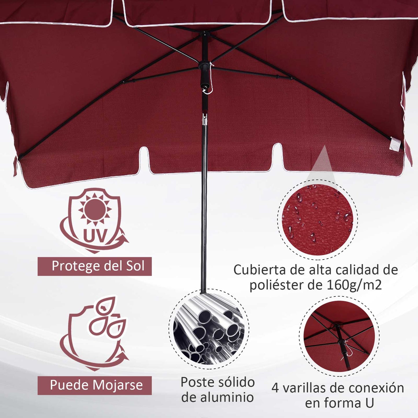 Outsunny Sombrilla de Jardín de Aluminio 198x130x245 cm Parasol de Jardín Rectangular con Función de Inclinación para Terraza Patio Exterior Rojo Vino