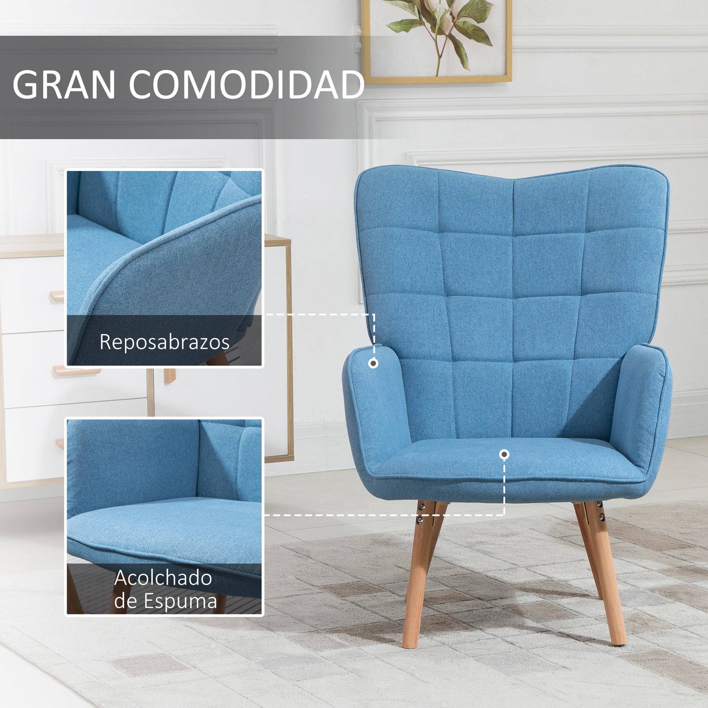 HOMCOM Sillón de Salón Moderno Butaca de Dormitorio con Respaldo Alto Reposabrazos Tela de Lino y Patas de Madera para Sala de Estar 71x76x101 cm Azul