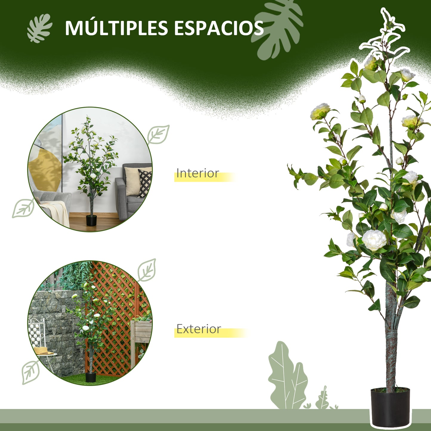 HOMCOM Árbol de Camelia Artificial 150 cm con Maceta de Cemento Hojas Realistas y Flores de Tela Planta Sintética Decoración para Hogar Oficina y Exterior Verde