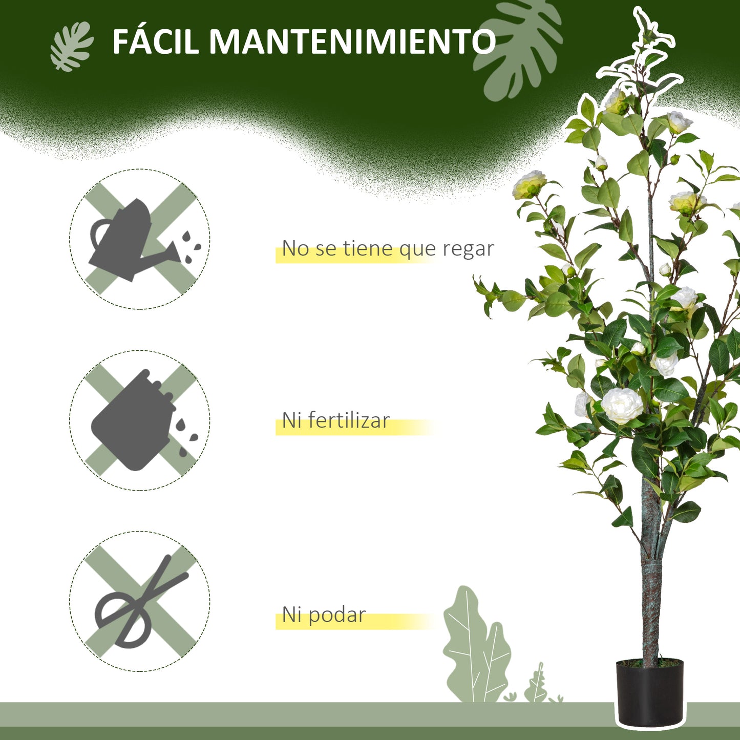 HOMCOM Árbol de Camelia Artificial 150 cm con Maceta de Cemento Hojas Realistas y Flores de Tela Planta Sintética Decoración para Hogar Oficina y Exterior Verde