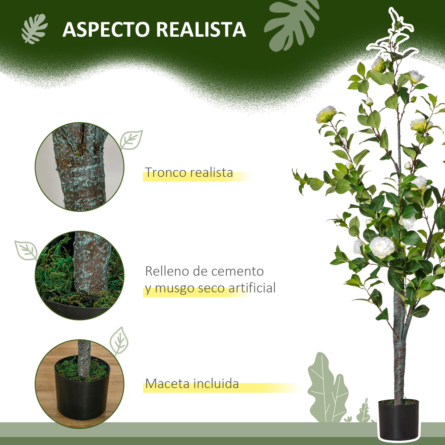 HOMCOM Árbol de Camelia Artificial 150 cm con Maceta de Cemento Hojas Realistas y Flores de Tela Planta Sintética Decoración para Hogar Oficina y Exterior Verde