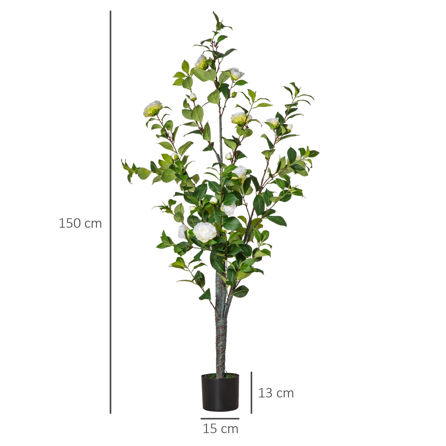 HOMCOM Árbol de Camelia Artificial 150 cm con Maceta de Cemento Hojas Realistas y Flores de Tela Planta Sintética Decoración para Hogar Oficina y Exterior Verde