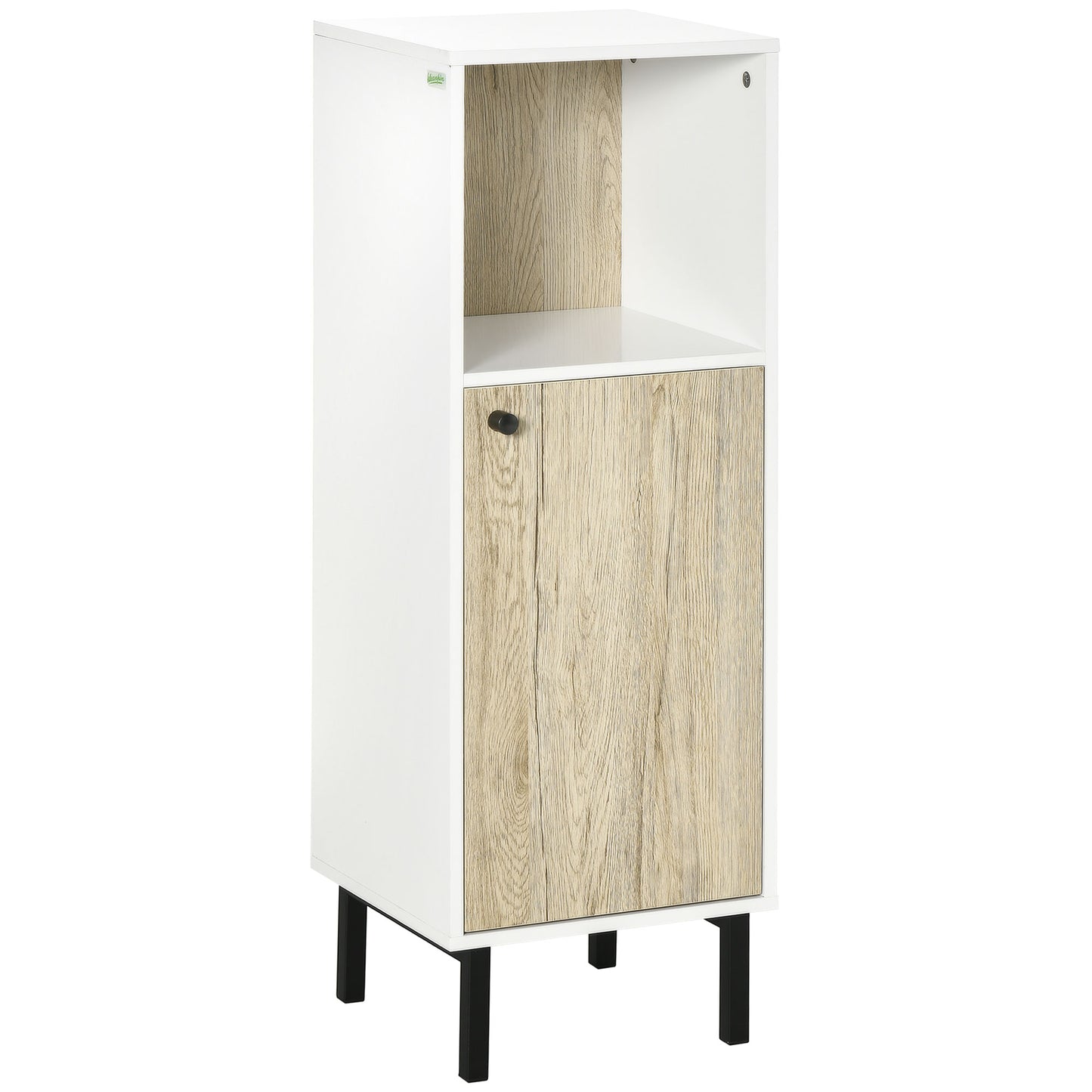 kleankin Armario Auxiliar de Baño Columna Auxiliar de Baño con Puerta Compartimiento Abierto y Patas de Acero para Lavabo Ducha Antivuelco 31,5x30x91 cm Roble y Blanco