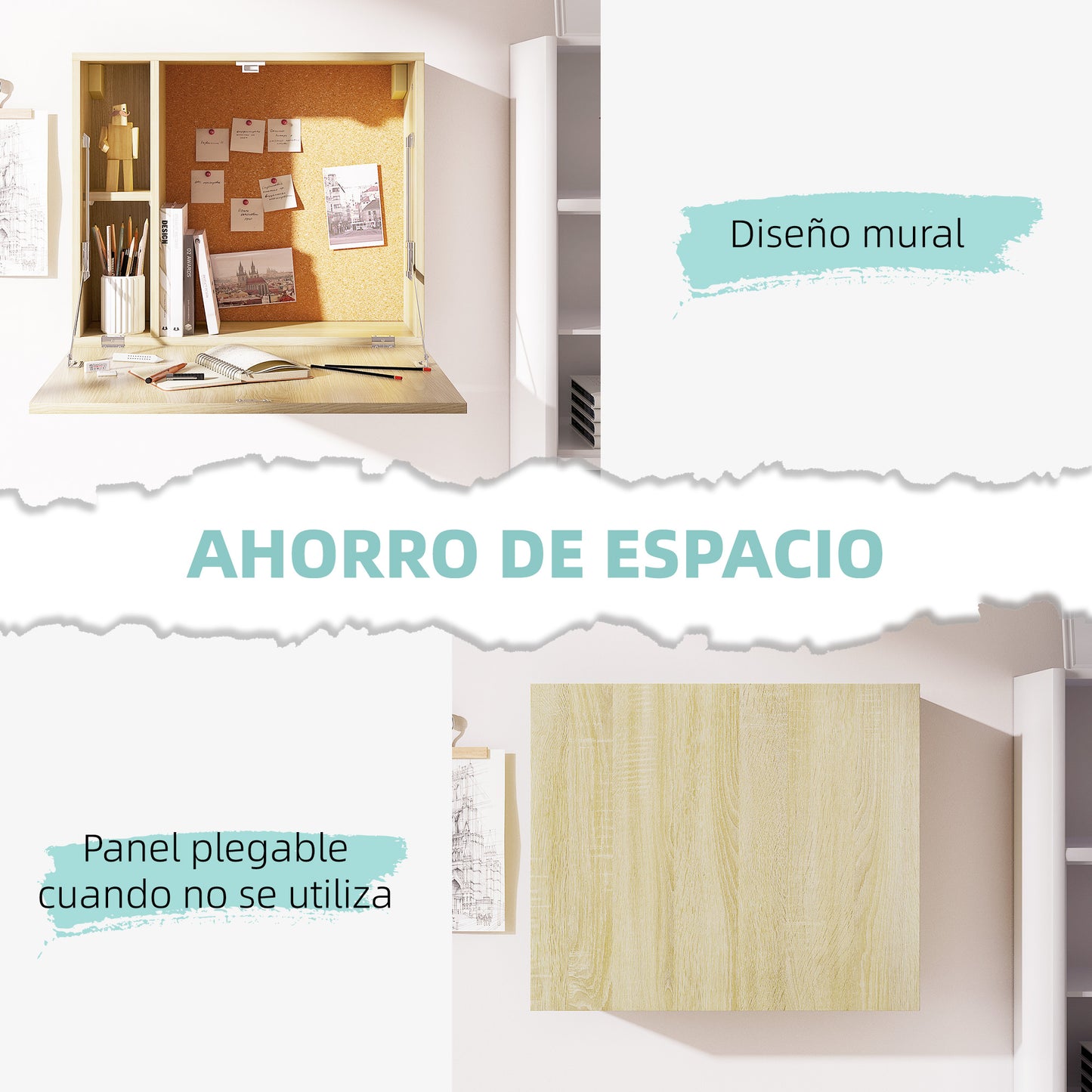 HOMCOM Mesa Plegable de Pared Moderno Escritorio Flotante Multifuncional con Estante de Almacenamiento Carga 40 kg para Dormitorio Salón Oficina 60x20x50 cm Roble