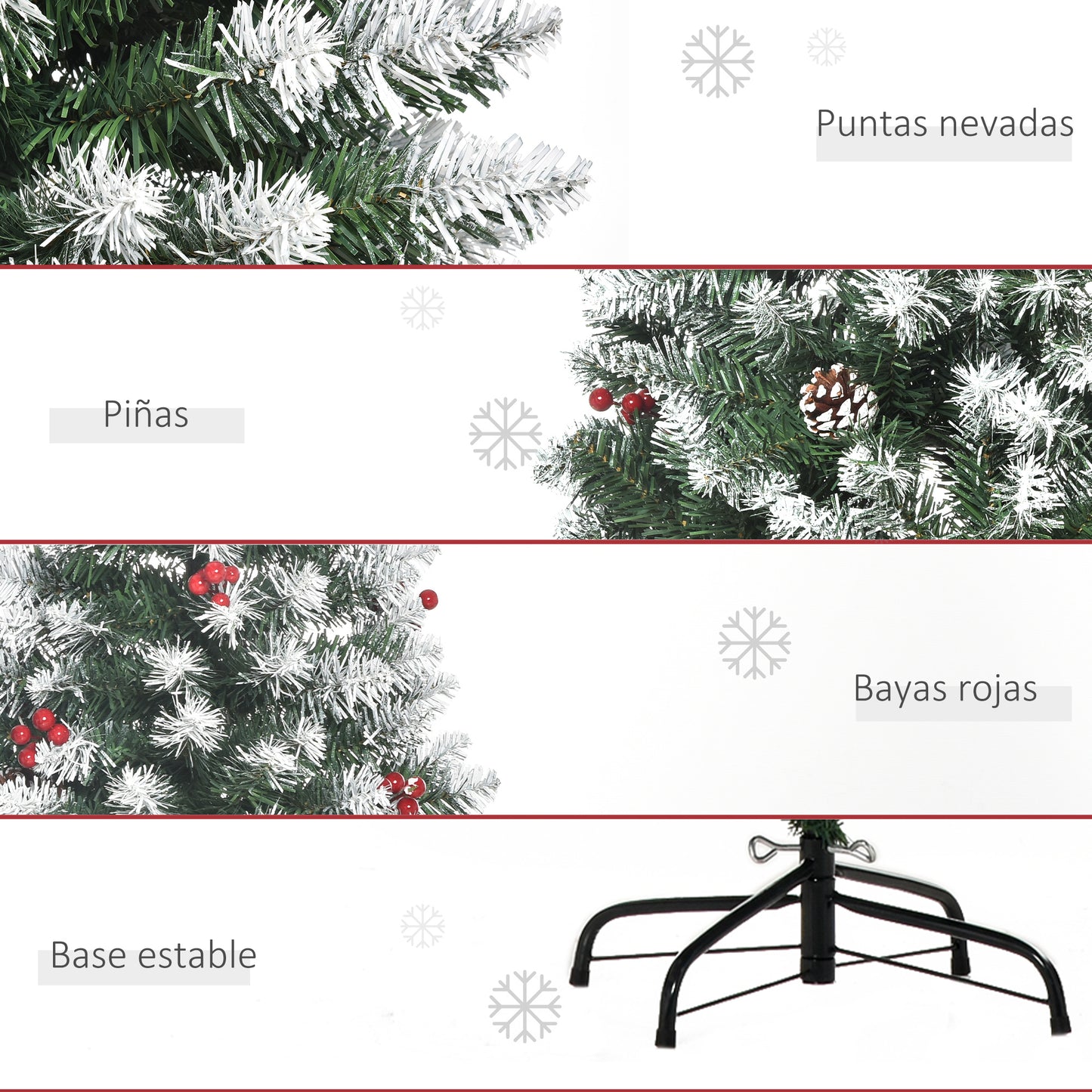 HOMCOM Árbol de Navidad Artificial Plegable 180 cm con Nieve Ignífugo con 618 Ramas 30 Bayas 34 Piñas Hojas de PVC Apertura Automática y Soporte Metálico Decoración Navideña para Interior Verde