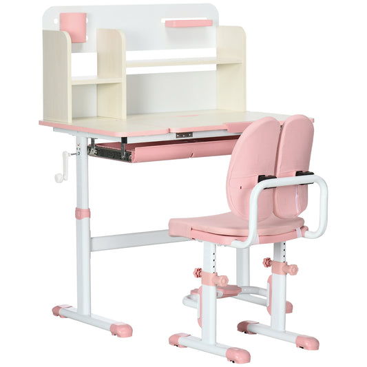 HOMCOM Juego de Escritorio y Silla para Niños de +3 Años Pupitre Infantil Altura Ajustable con 1 Cajón 1 Estante para Libros y Tablero de Mesa Inclinable 80x52x88-109 cm Rosa y Blanco