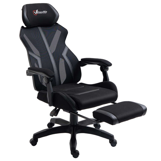 Vinsetto Silla Gaming con Reposapiés Retráctil Silla de Oficina Giratoria Reclinable con Reposacabezas y Altura Ajustable 65x65x119-129 cm Negro