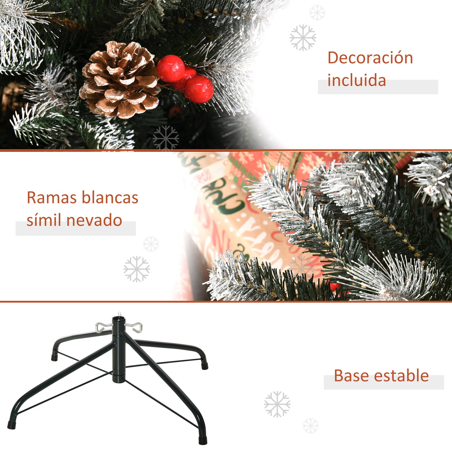 HOMCOM Árbol de Navidad Artificial 180 cm con 678 Ramas 53 Piñas y 53 Bayas Hojas de PVC PE Base Plegable y Soporte Metálico Decoración Navideña para Interiores Verde