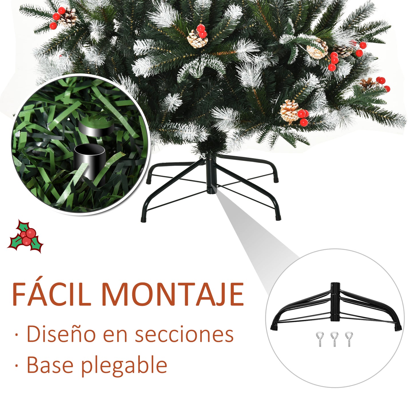 HOMCOM Árbol de Navidad Artificial 180 cm con 678 Ramas 53 Piñas y 53 Bayas Hojas de PVC PE Base Plegable y Soporte Metálico Decoración Navideña para Interiores Verde