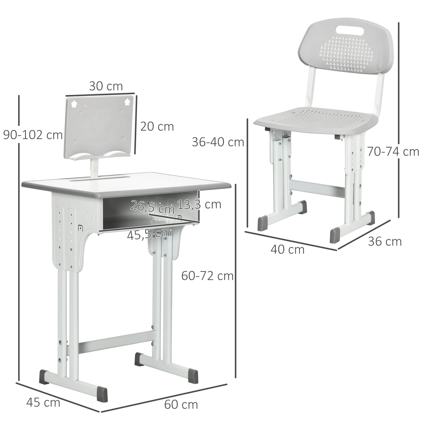 HOMCOM Juego de Escritorio y Silla para Niños de 6-12 Años Pupitre Infantil Altura Ajustable con 1 Cajón 1 Ranura para Lápiz y 1 Estante para Libros Acero 60x45x90-102 cm Gris