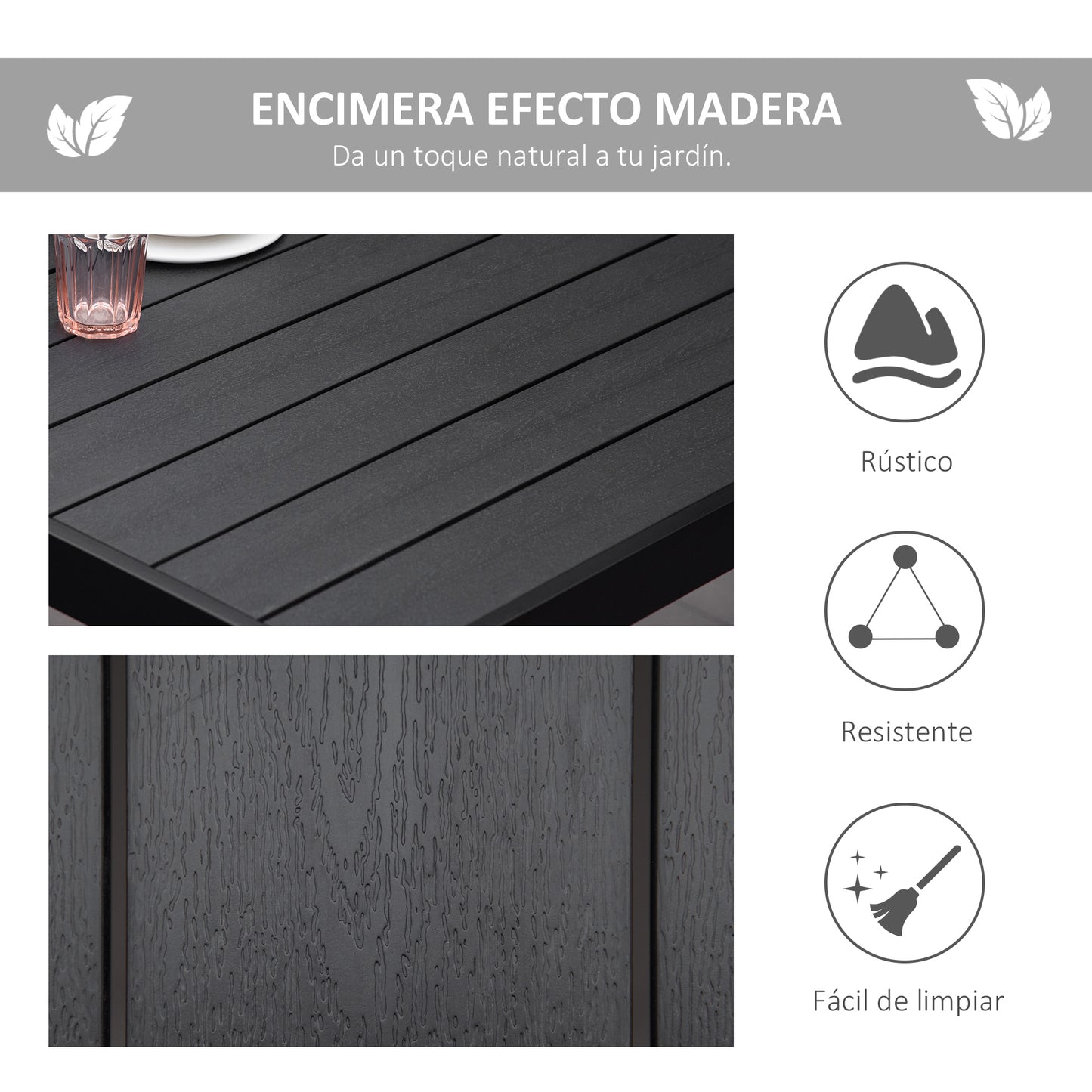 Outsunny Mesa de Jardín de Aluminio Rectangular para 8 Personas Mesa de Exterior 190x90x74 cm con Encimera de Listones para Terraza Balcón Negro