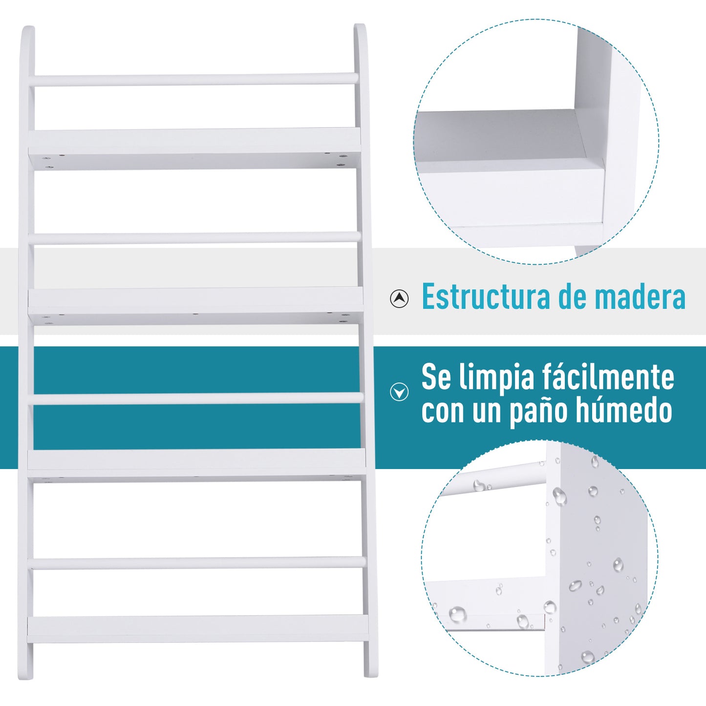 HOMCOM Estantería de Pared de Libros con 4 Estantes Librería Infantil para Hogar Oficina Carga 30kg 59x12x113cm Blanco