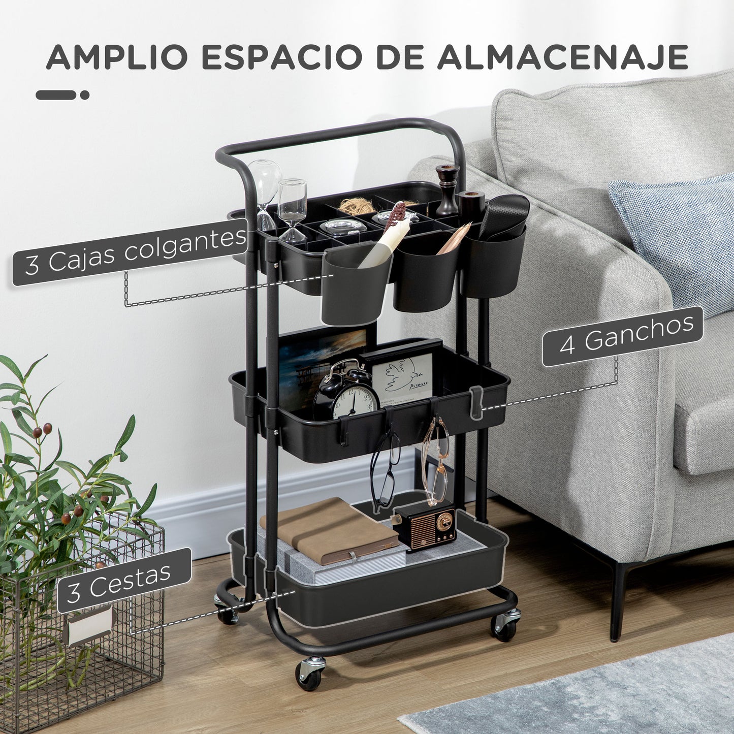 HOMCOM Carrito Auxiliar con Ruedas Carrito de Cocina con 4 Ganchos Asa 3 Cestas Extraíbles 3 Cajas Colgantes y Frenos para Baño Salón Dormitorio 42x38x86,5 cm Negro