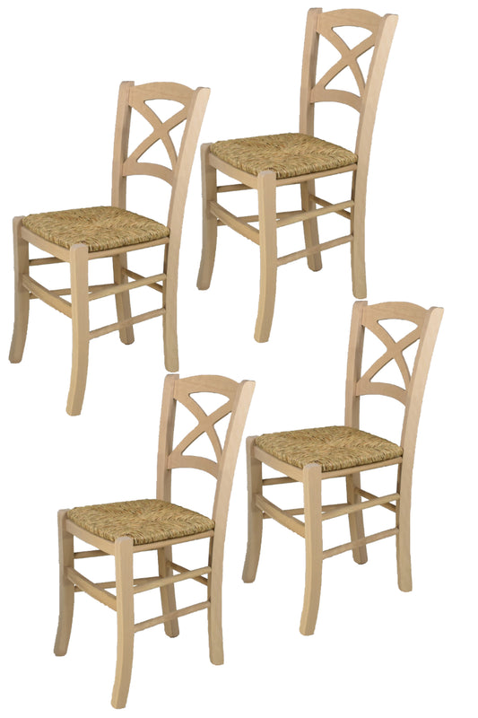 Tommychairs - Set 4 sillas de Cocina y Comedor Cross, estructura en madera de haya lijada, no tratada, 100% natural y asiento en paja