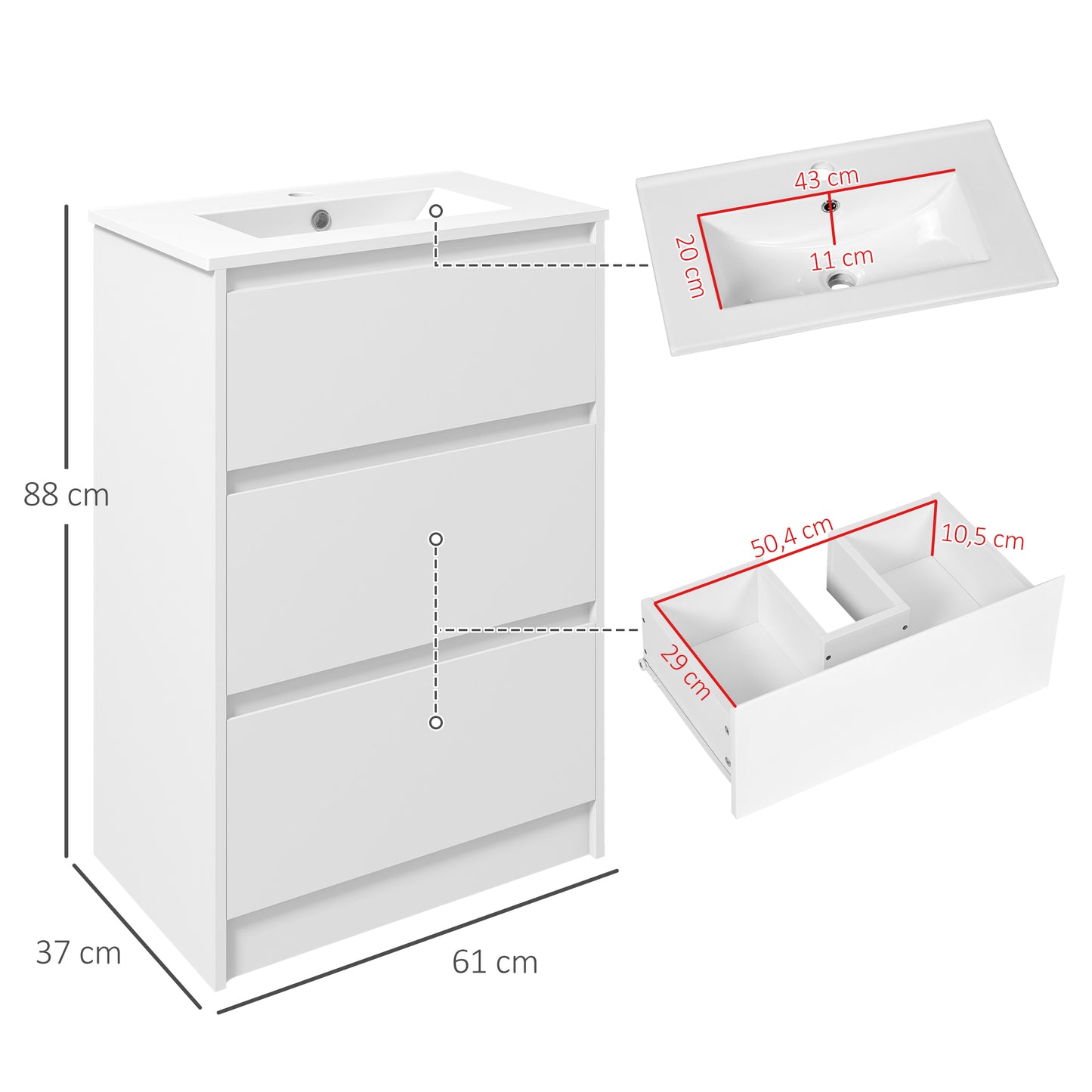 kleankin Mueble de Baño con Lavabo Armario de Baño Bajo Lavabo de Baño de Cerámica Sintética con 2 Cajones 61x37x88 cm Blanco Brillante