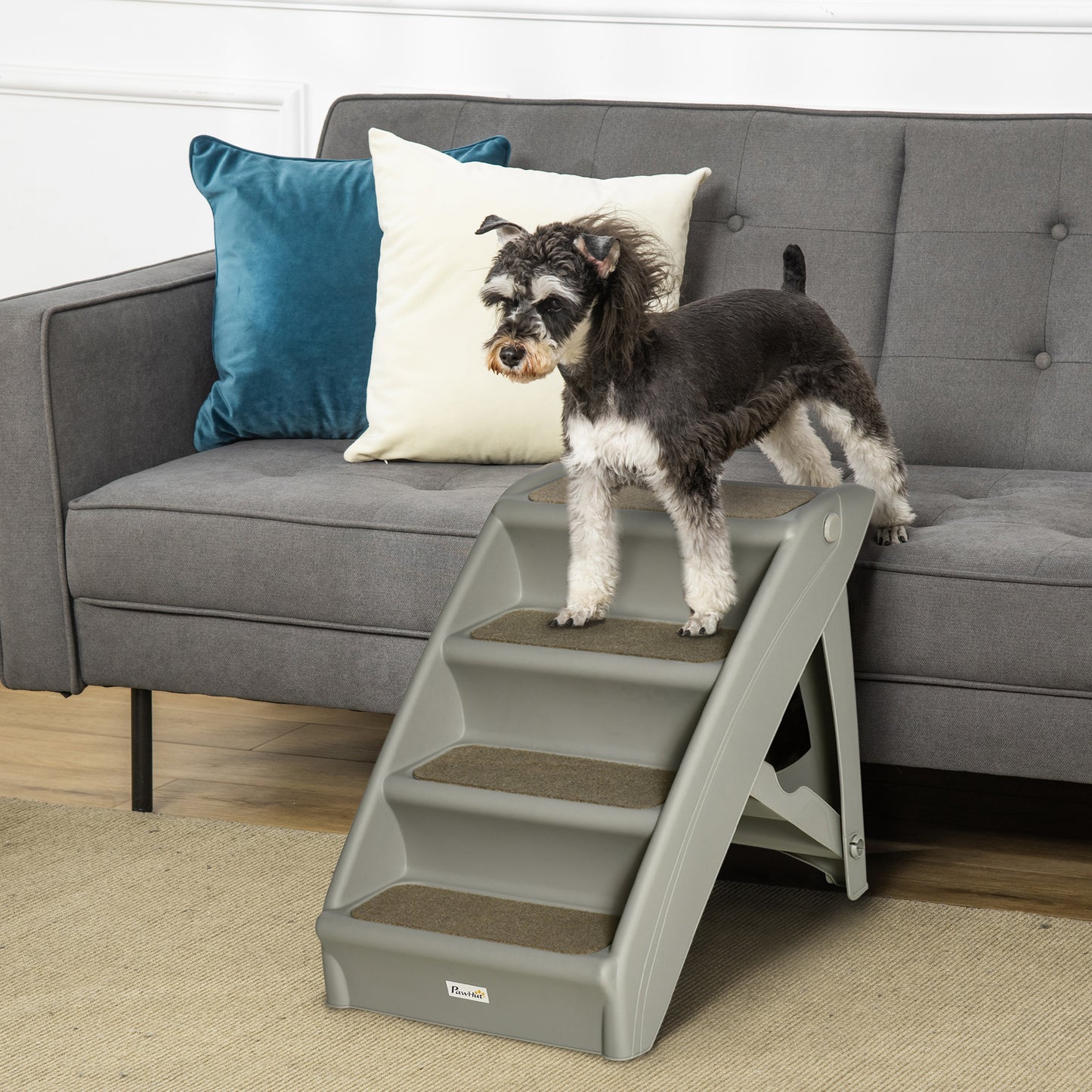 PawHut Escalera Plegable para Mascotas de 4 Peldaños Escalón para Perros Gatos Portátil con Alfombras Antideslizantes para Cama Sofá Carga 20 kg 62x38x49,5 cm Gris