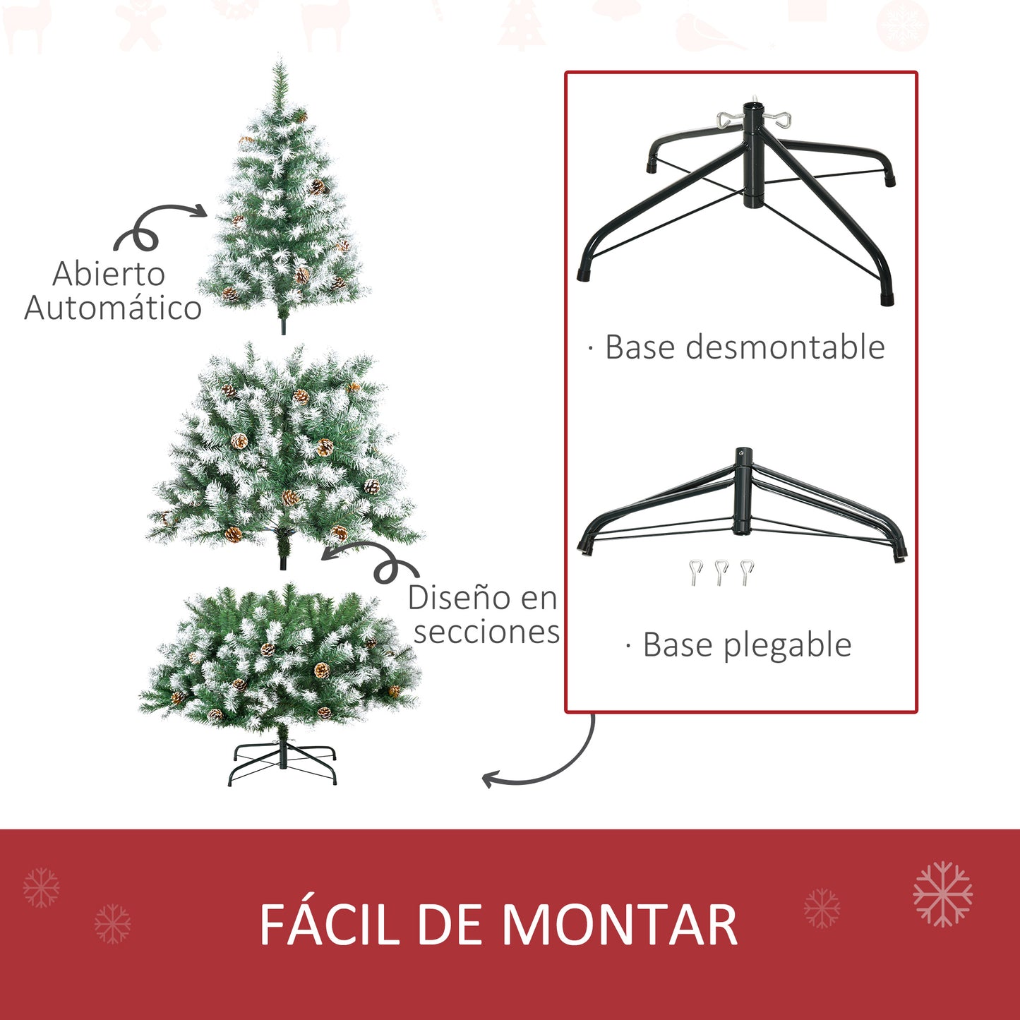 HOMCOM Árbol de Navidad Artificial 180 cm con Nieve Ignífugo con 800 Ramas 61 Piñas Hojas de PVC Apertura Automática Base Plegable y Soporte Metálico Decoración Navideña para Interiores Verde