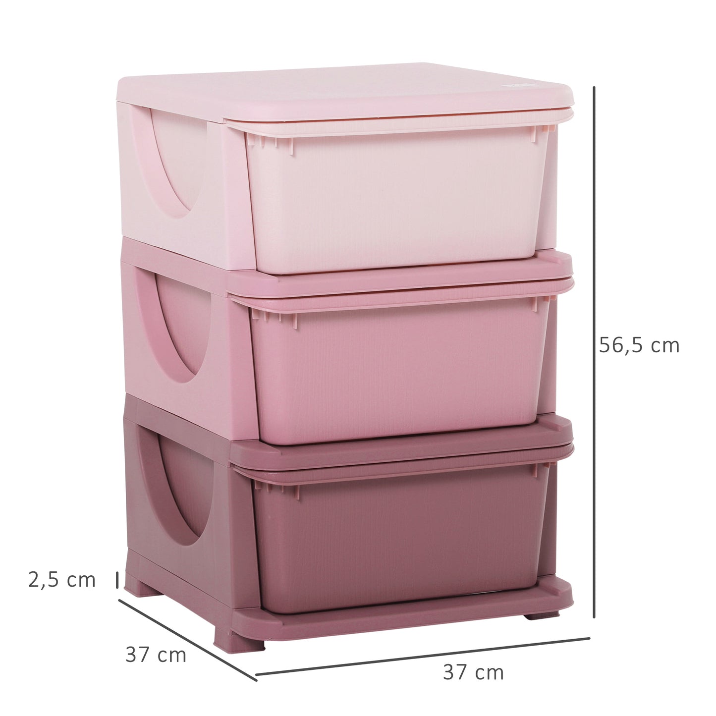 HOMCOM Torre de Almacenamiento Infantil con 3 Cajones Organizador de Juguetes para Niños +3 Años Gran Almacenaje con Asas para Juguetes Ropa Libros 37x37x56,5 cm Rosa