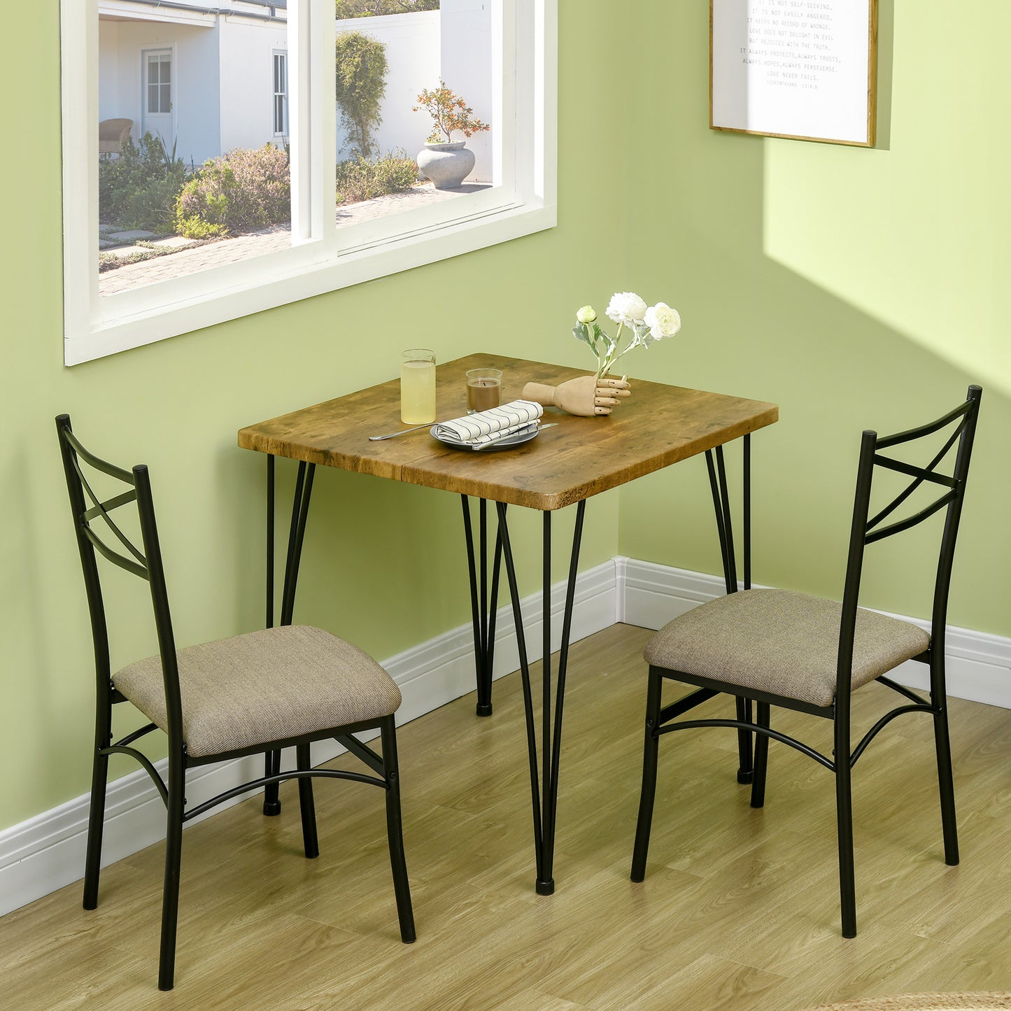 HOMCOM Conjunto de Comedor 3 Piezas Juego de 1 Mesa 74x74x76 cm y 2 Sillas 42x50x91,5 cm con Patas de Acero Estilo Moderno para Cocina Salón Interior Marrón y Negro