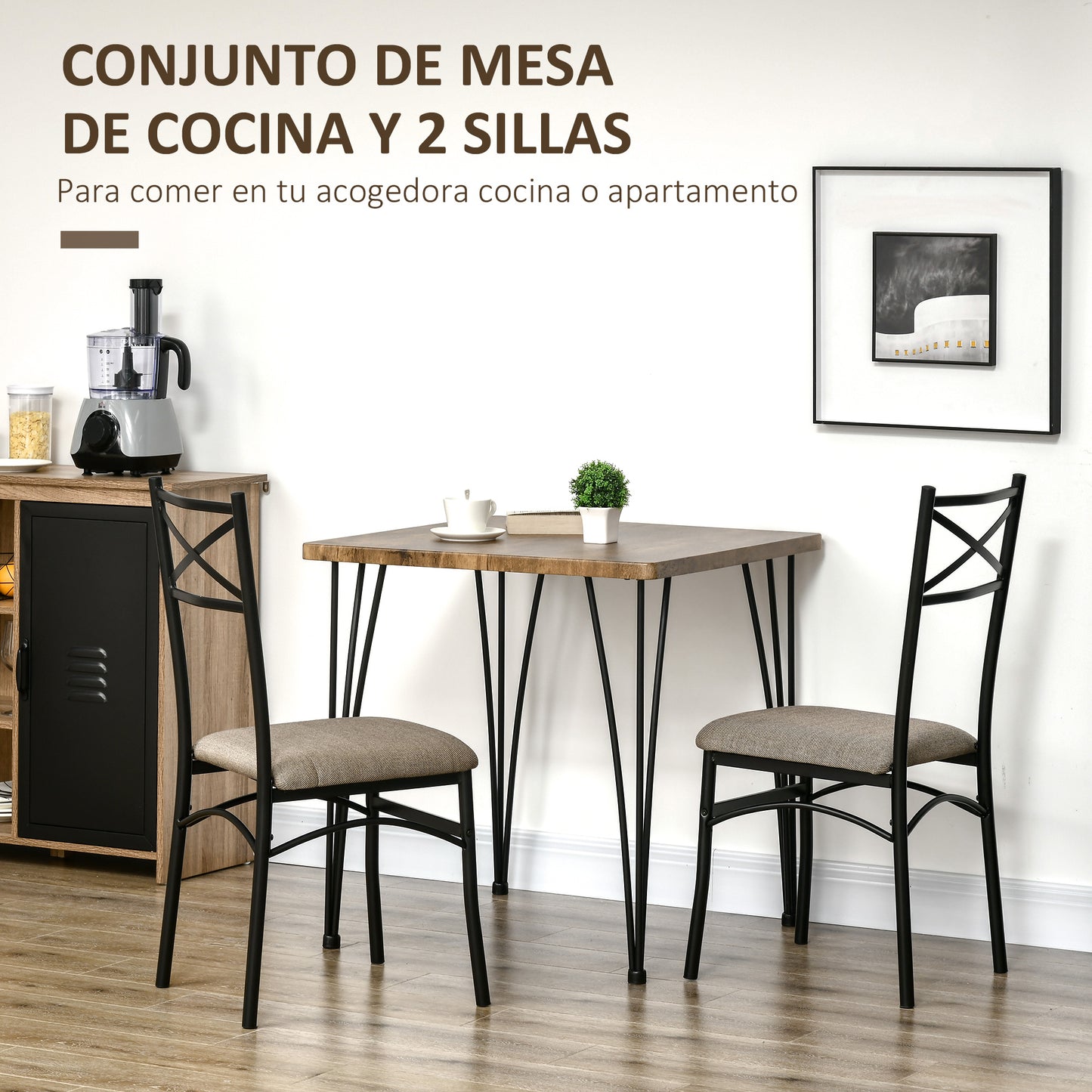 HOMCOM Conjunto de Comedor 3 Piezas Juego de 1 Mesa 74x74x76 cm y 2 Sillas 42x50x91,5 cm con Patas de Acero Estilo Moderno para Cocina Salón Interior Marrón y Negro