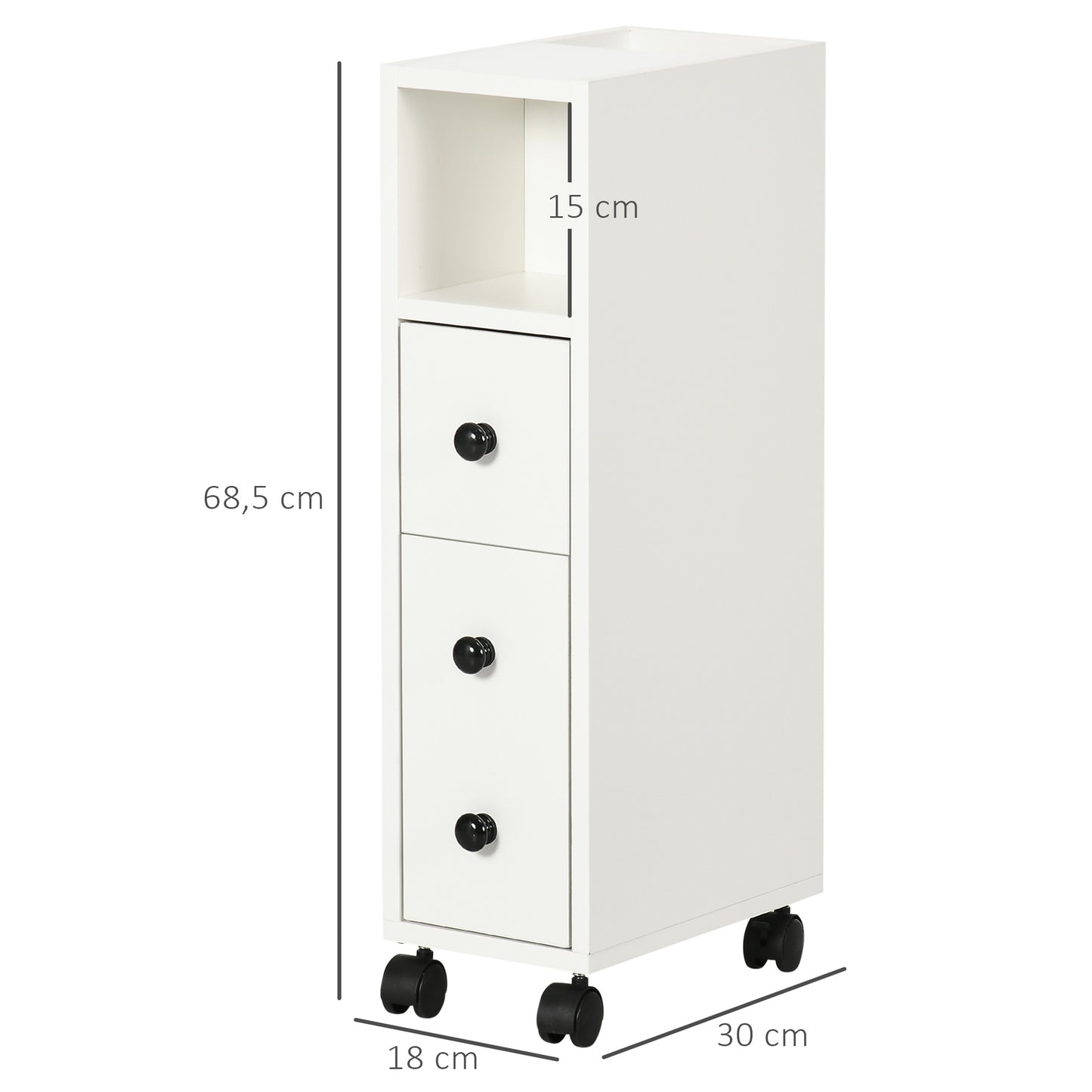 kleankin Armario de Baño con Ruedas Mueble Auxiliar para Baño con Estante Abierto Puerta y Cajón Espacio Reducido 18x30x68,5 cm Blanco