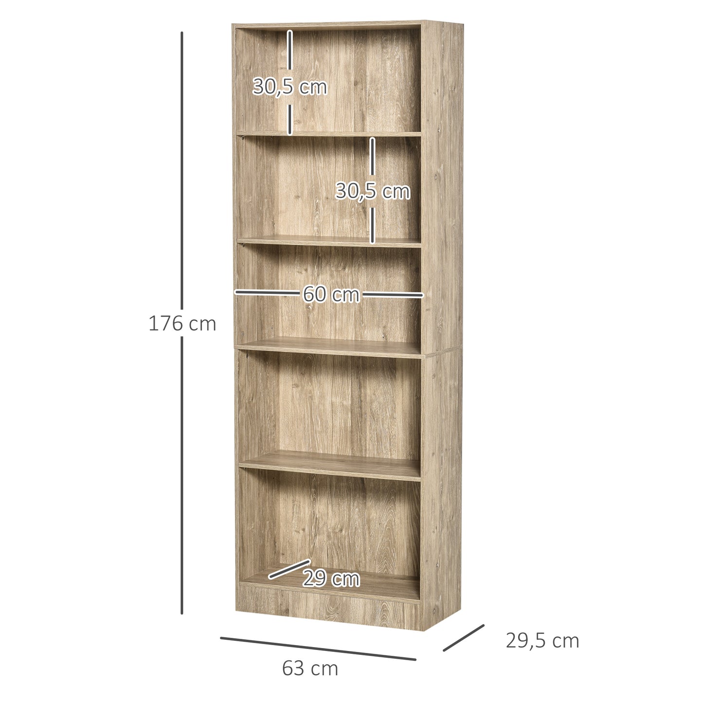 HOMCOM Librería Estantería de 5 Niveles para Libros con 3 Baldas Ajustables Antivuelco Almacenaje para Salón Oficina Estudio 63x29,5x176 cm Madera Natural