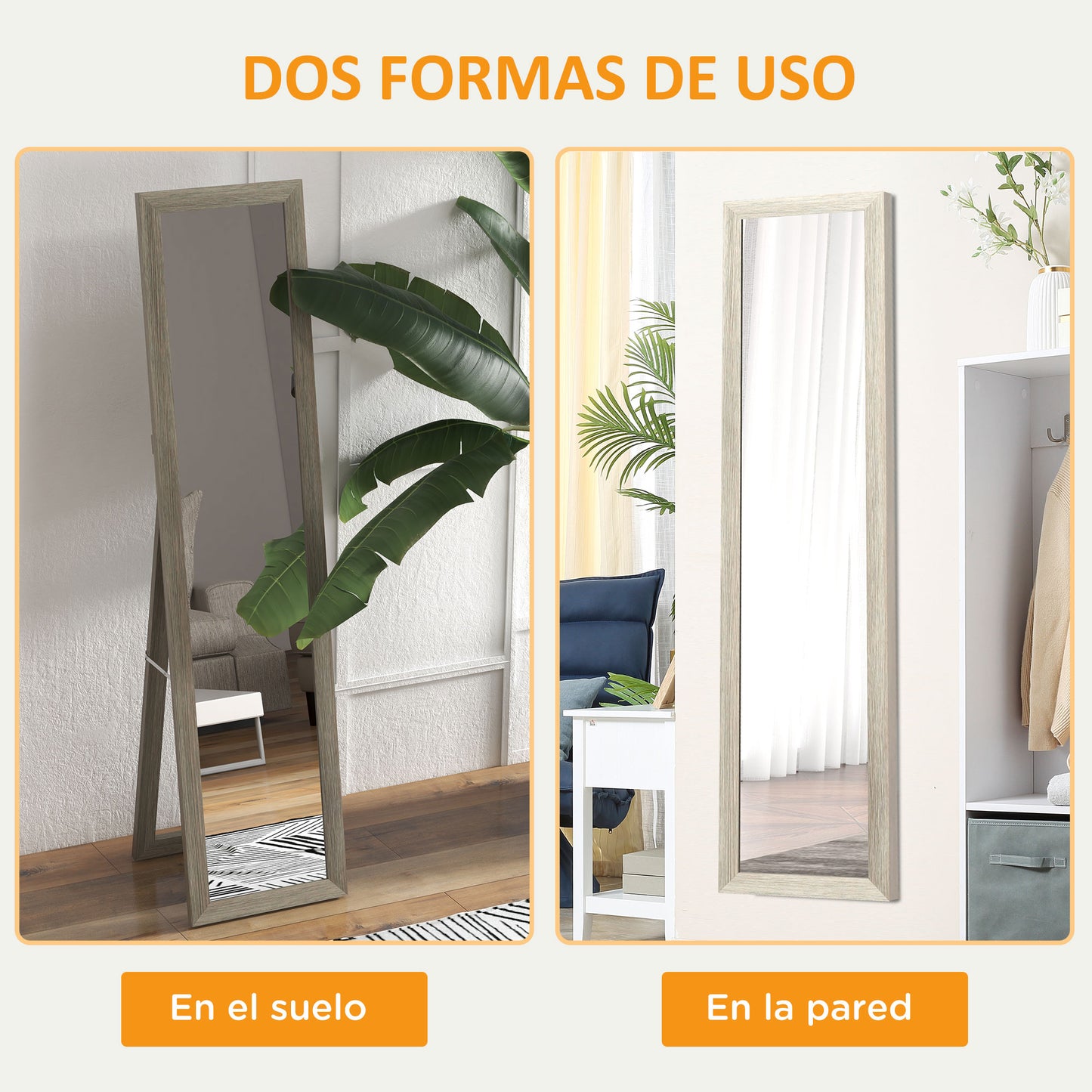 HOMCOM Espejo de Cuerpo Entero 37x157 cm Espejo de Pie Espejo de Pared Forma Rectangular con Marco de Madera Decorativo para Salón Dormitorio Pasillo Gris