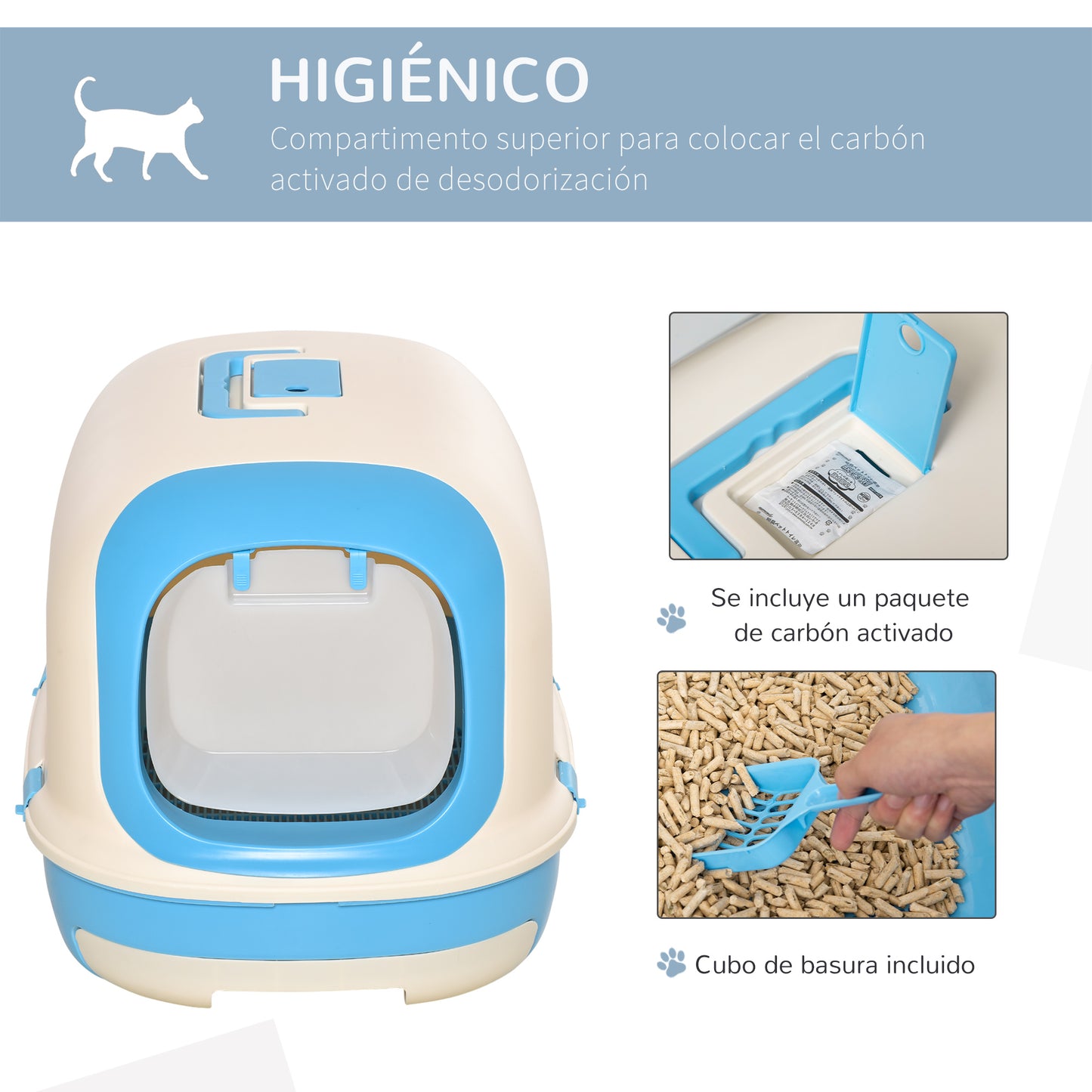 PawHut Arenero para Gatos Caja de Arena con Asa de Transporte Doble Fondo Bandeja Extraíble Pala y Filtro de Carbón Activo 63x43x43 cm Beige y Azul