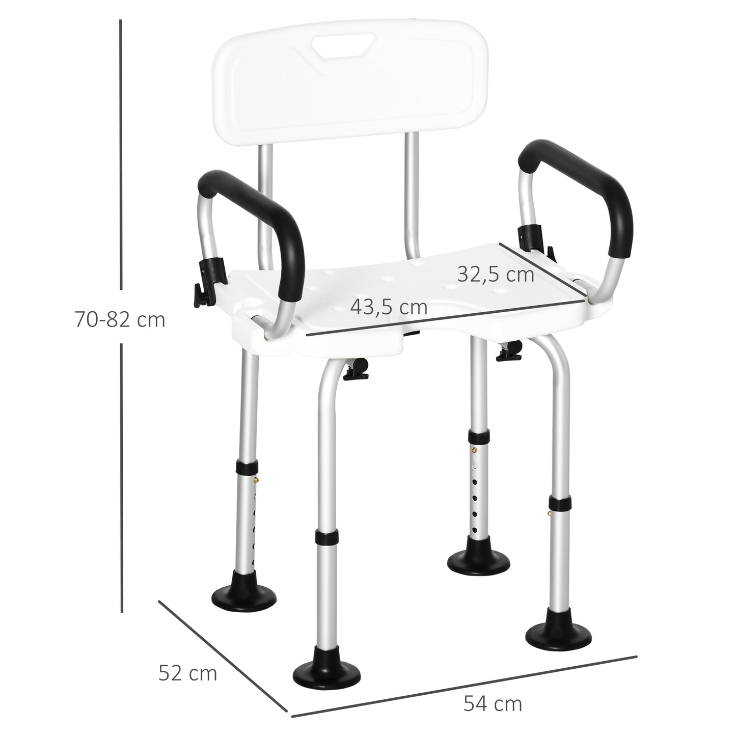 HOMCOM Silla Ducha Personas Mayores Silla para Ducha Taburete de Ducha Antideslizante con Altura Ajustable y Apoyabrazos Regulable Carga 136 kg