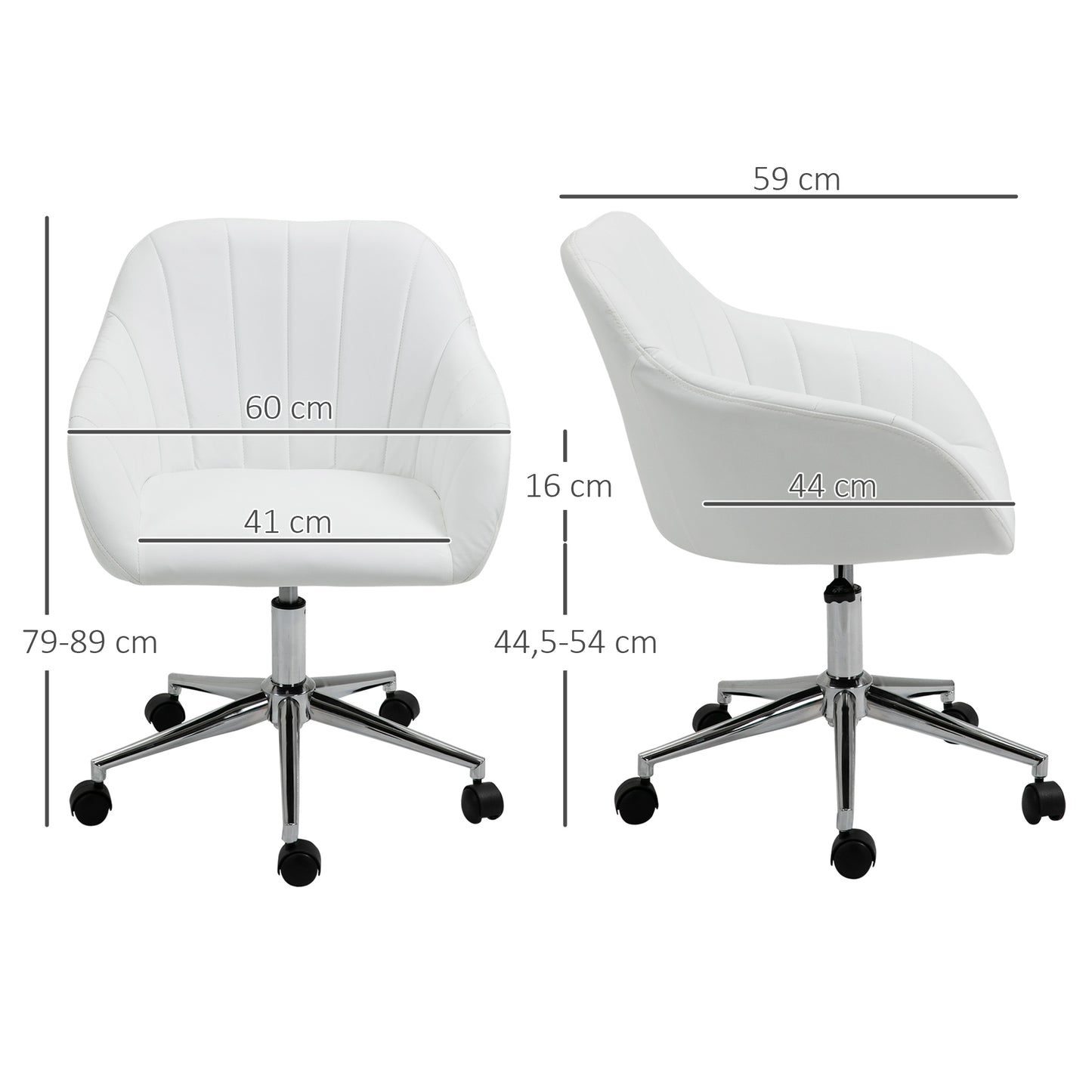 Vinsetto Silla de Oficina Ergonómica Silla de Escritorio Giratoria con Altura Ajustable Respaldo y Reposabrazos de Piel Sintética Carga 120 kg 60x59x79-89 cm Blanco