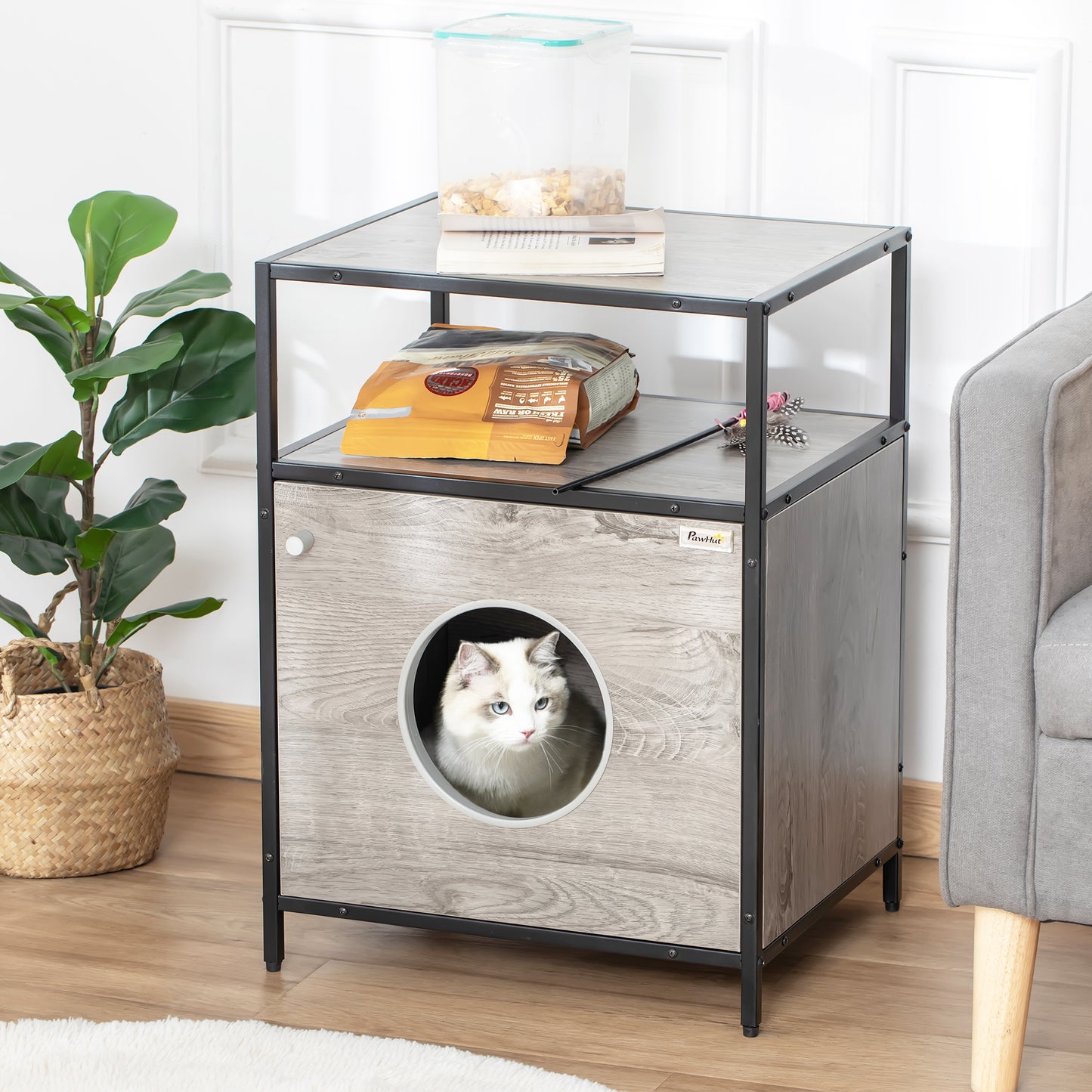 PawHut Casa para Gatos de Madera con Apariencia de Mesa Auxiliar con 2 Estantes de Almacenaje Cueva Gatos con Cojín Extraíble y Lavable 48x40x65,5 cm Roble Gris