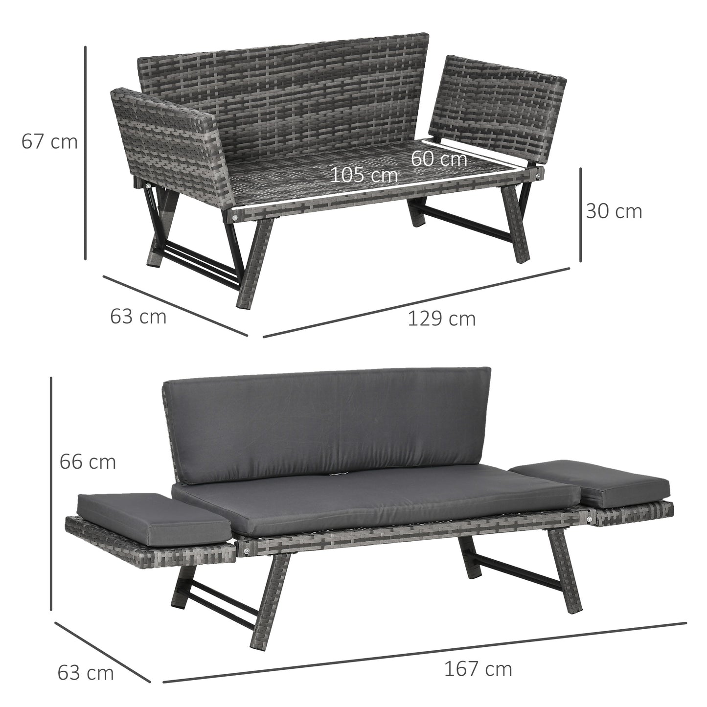 Outsunny Sofá de Ratán de 2 Plazas Convertible en Cama Individual con Reposabrazos Abatibles y Cojines Acolchados Jardín Patio Terraza 129x63x67 cm Gris