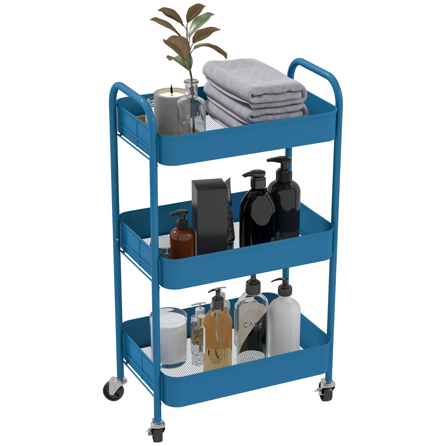 HOMCOM Carrito Auxiliar con Ruedas Carrito de Almacenamiento con 3 Cestas y Marco de Acero para Salón Dormitorio Oficina Cocina 45x30,6x79 cm Azul Oscuro