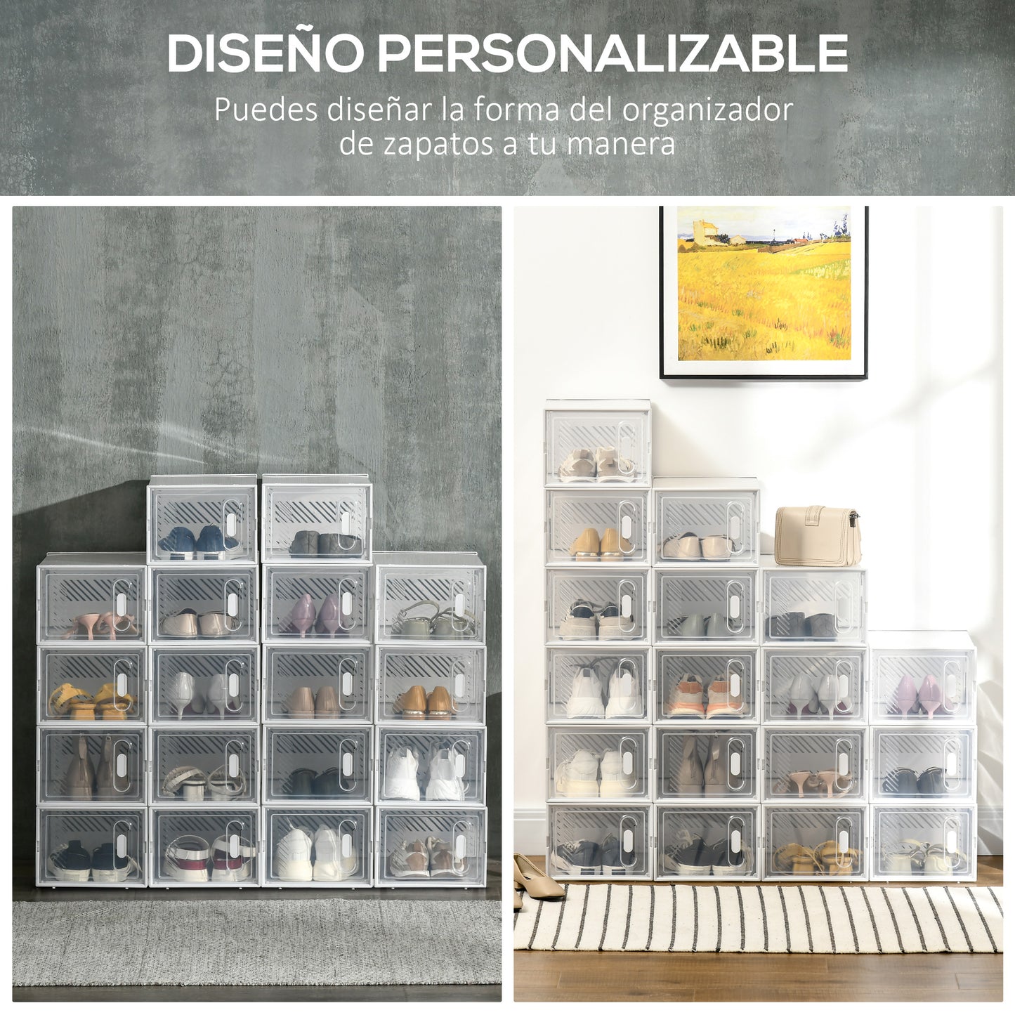 HOMCOM Armario Modular de Plástico Cajas de Zapatos Talla de 43 con 18 Cubos Puertas Magnéticas Muble Organizador para Entrada Pasillo Dormitorio 25x35x19 cm Transparente