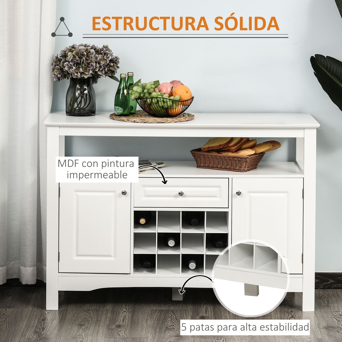 HOMCOM Aparador de Cocina Aparador de Comedor con 1 Cajón 1 Estante Abierto 2 Puertas y Botellero para 12 Botellas Armario de Almacenamiento para Salón 116,5x40x82,5 cm Blanco