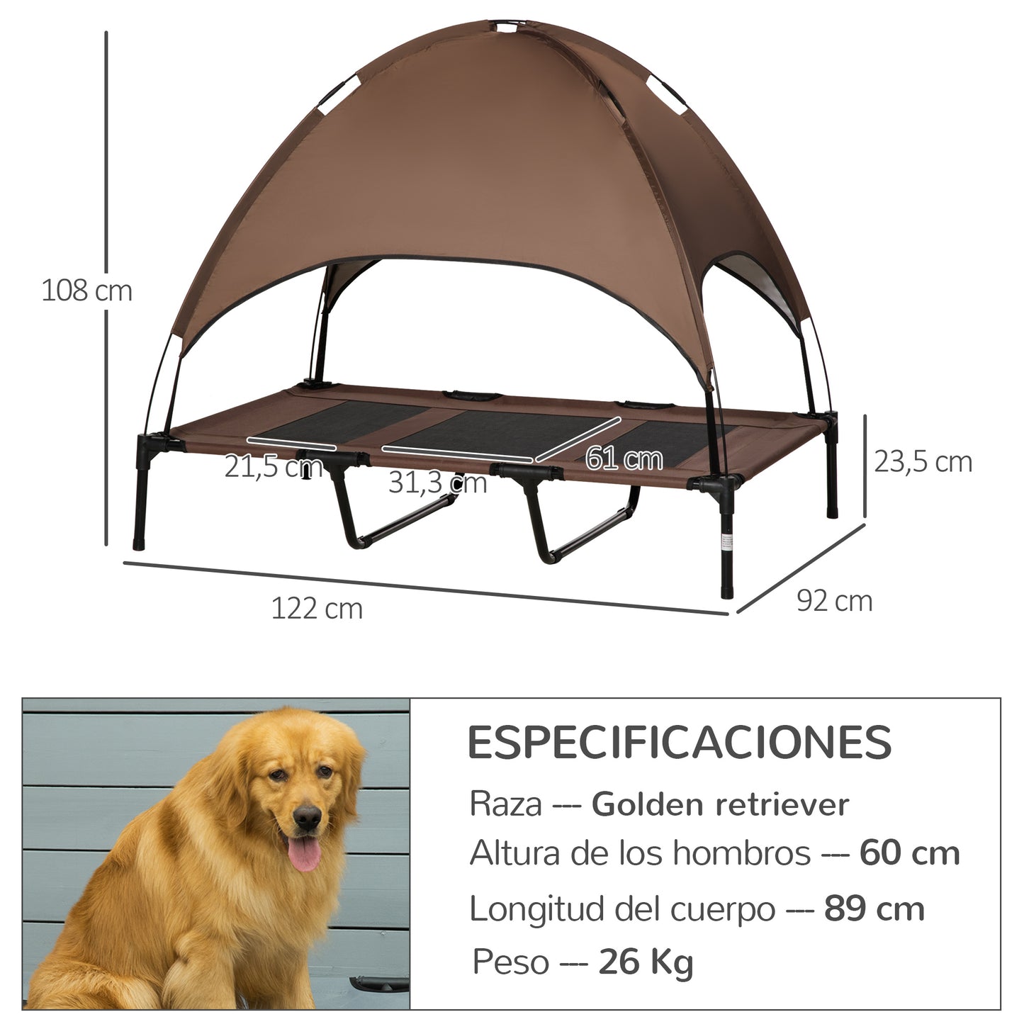 PawHut Cama Elevada para Mascotas Portátil con Toldo Extraíble Tela Transpirable al Aire Libre para Interior y Exterior 122x92x108 cm Café