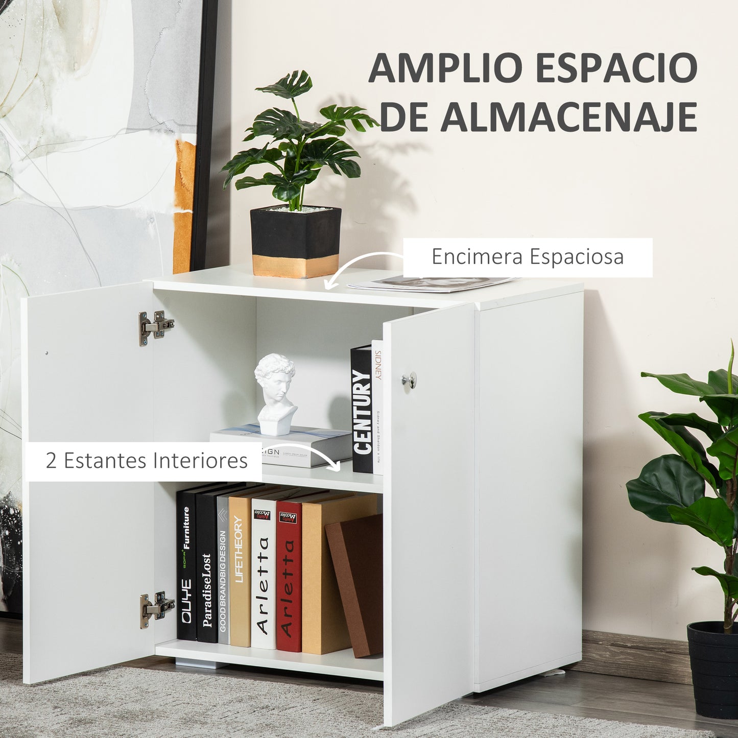 HOMCOM Aparador de Salón con 2 Puertas Armario Auxiliar con 2 Estantes para Libros Ropa Juguetes Estilo Moderno 70x39x70 cm Blanco