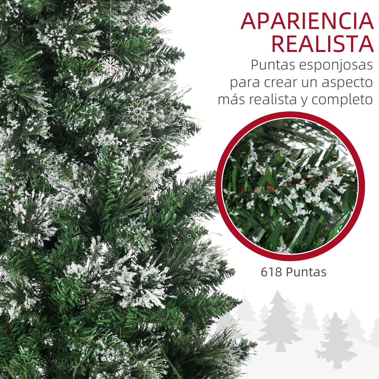 HOMCOM Árbol de Navidad Artificial 180 cm con 240 Luces LED Árbol de Navideño de 618 Ramas Árbol con Soporte de Acero Forma de Lápiz Ø68x180 cm Verde