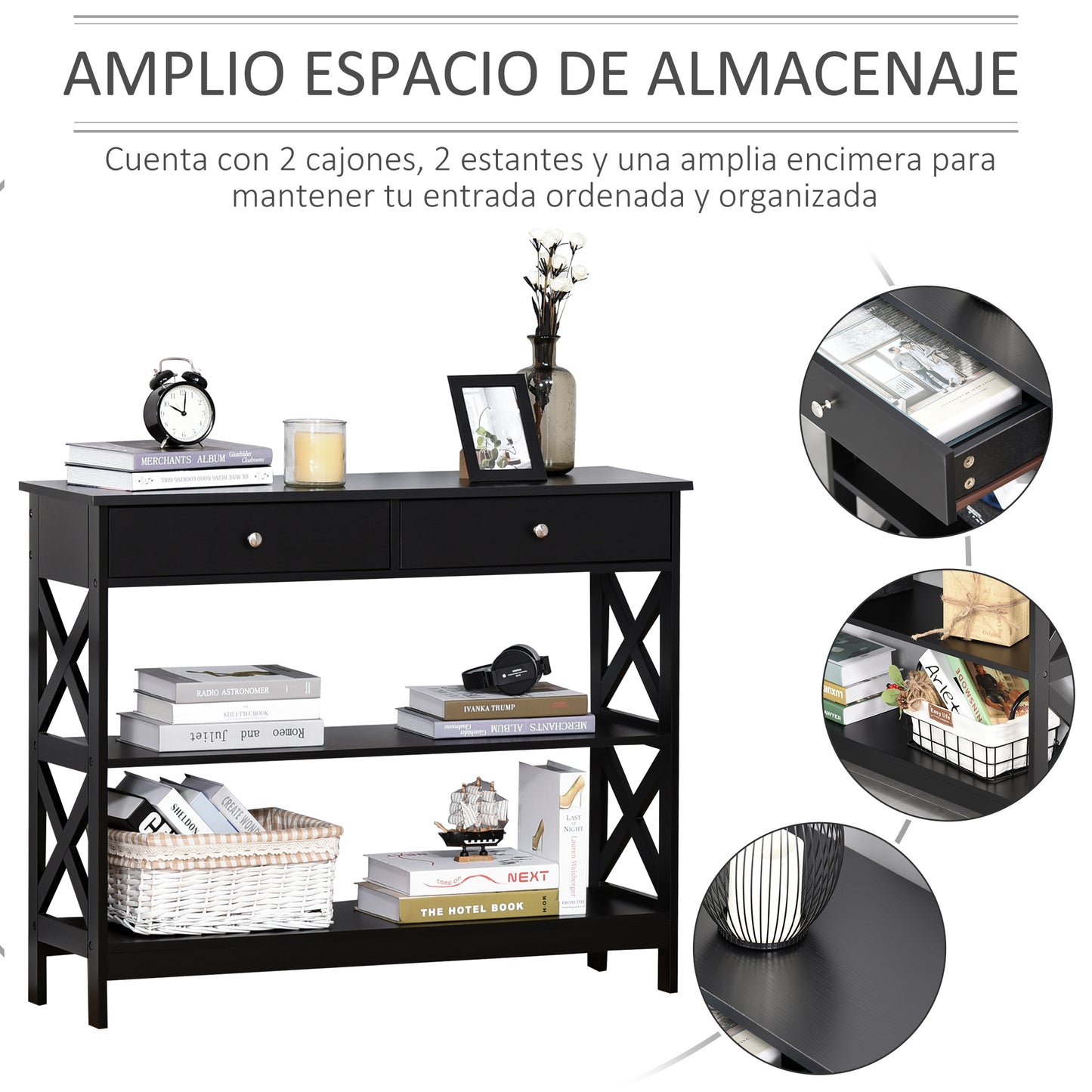 HOMCOM Mesa Consola de Entrada Recibidor con 2 Cajones y 2 Estantes Inferiores Mueble Moderno Base Elevada Antivuelco 100x30,5x80 cm Negro